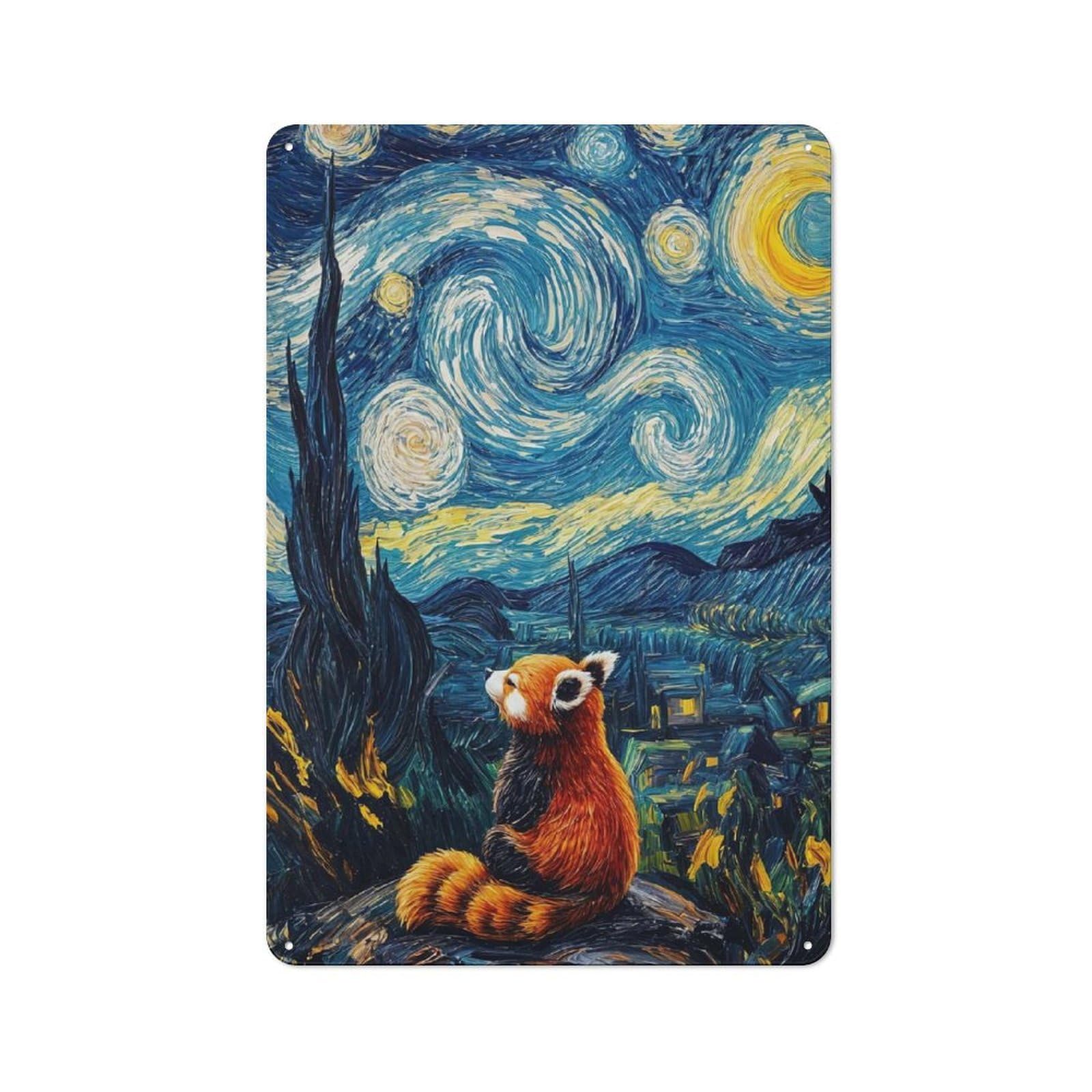 Junmoney Red Panda Starry Night Landscape Retro Metal Sign 30X20cm, Distressed Look Retro Room Decor For Living Room, Hallway, Kitchen Or Cafe