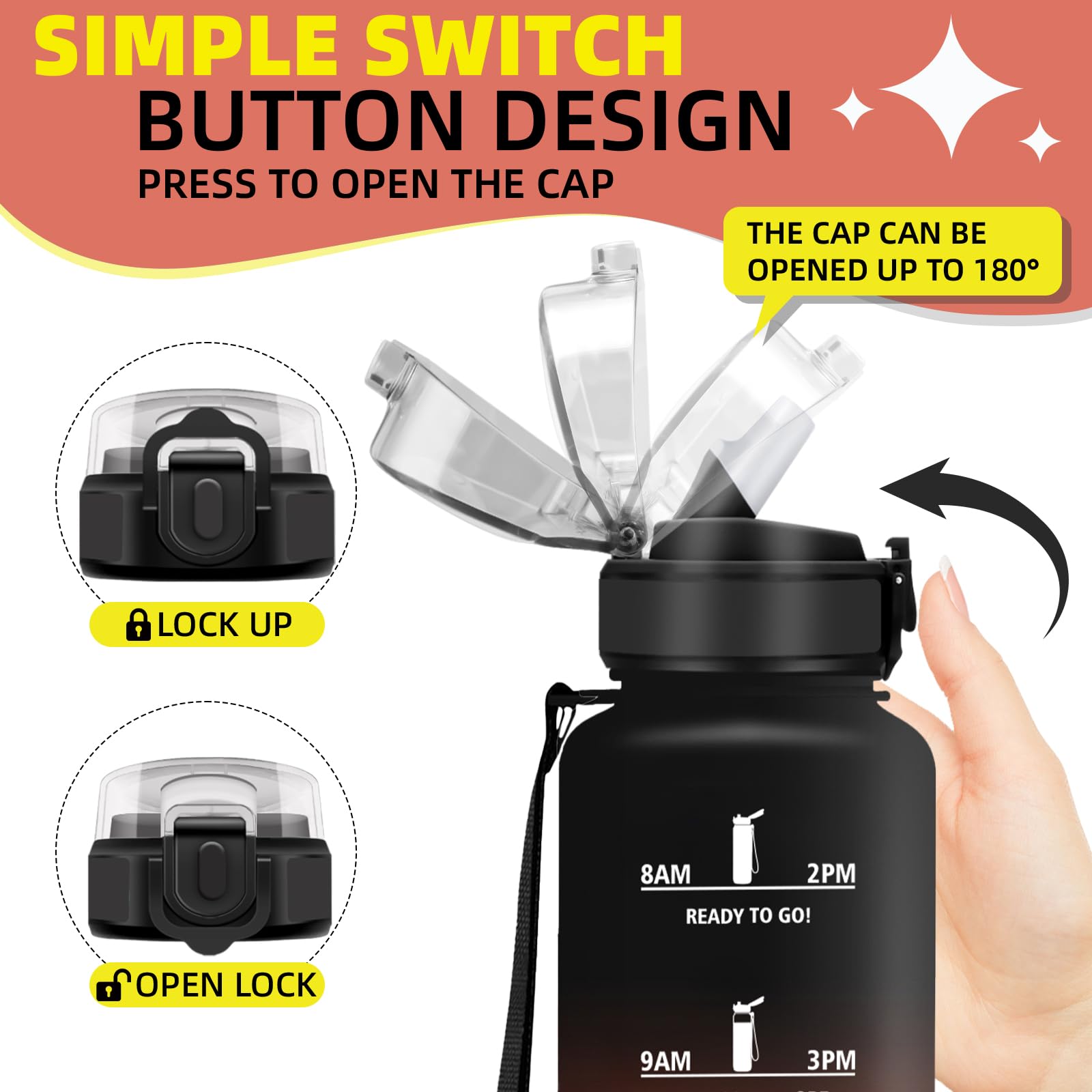 Gourde 1,5l, Anti Fuite Gourde Sport, Gourdes Graduée pour 1 Journee avec Marqueur de Temps, Verrou de Sécurité, Bouteille Motivation avec Paille pour Plein Air, Velo, Cyclisme, Extérieur, - 5