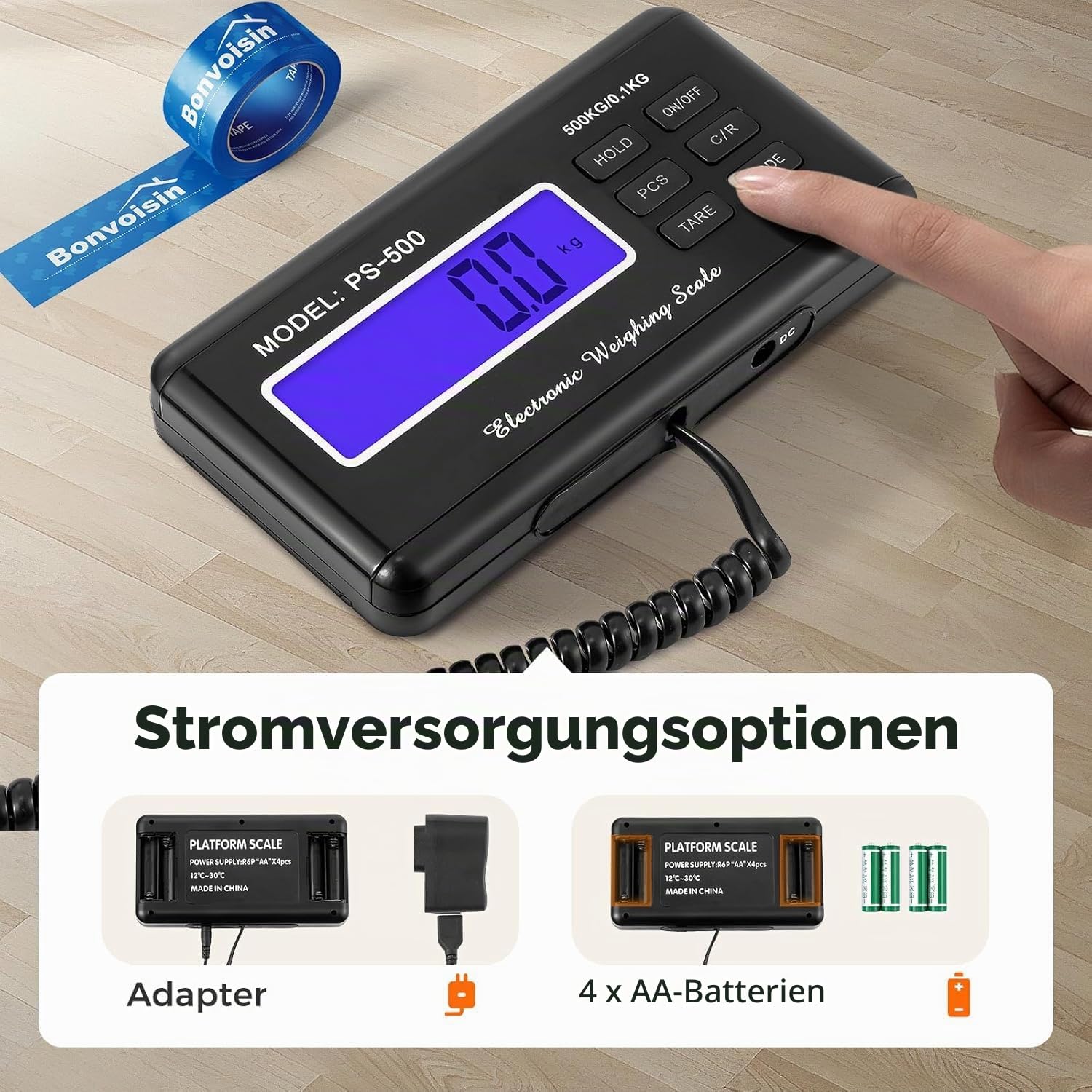 Bonvoisin 500kg Tierwaage für Veterinär & Nutztiere, Tara- & Hold-Funktion | Große Edelstahl-Plattform 103x53cm mit rutschfester Matte, Fern-Display & Dual-Stromversorgung für professionelles Tierwiegen