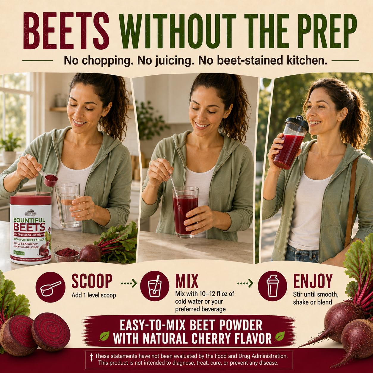 Country Farms Bountiful Beets, Wholefood Beet Extract Superfood, Helps Support Healthy Circulation and Promote Energy, Nitric Oxide Boost, Cherry Flavor, 30 Servings — Amazon image 4