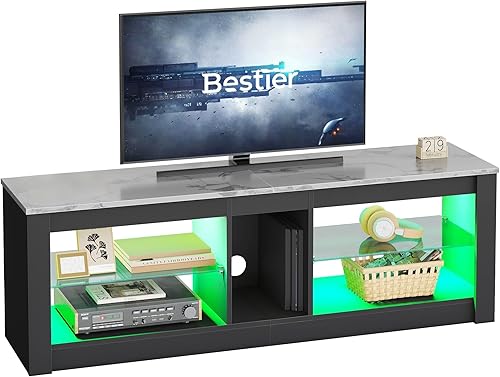 Bestier Soporte de TV de mármol blanco, centro de entretenimiento LED, soporte de TV para juegos de 55 pulgadas, soporte de televisión RGB con 2