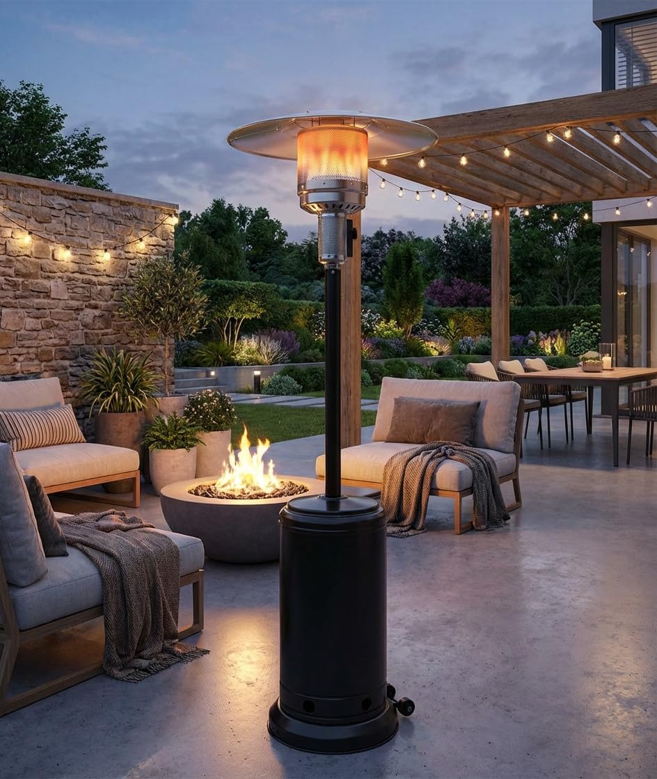 Estufa exterior de gas | Estufa gas para terraza o jardin con ruedas y dispositivo antivuelco | Estufa de gas exterior negra | Estufa Gas Restaurantes | Gas Ajustable 3,5 a 8 kW