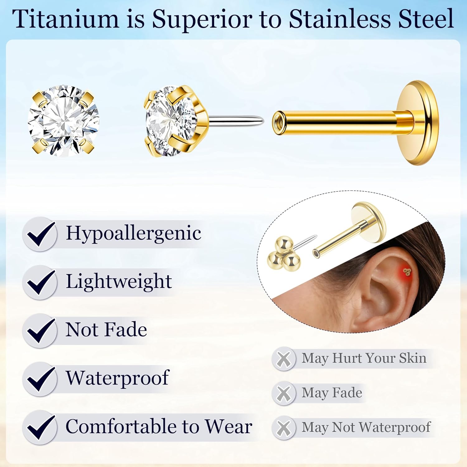 3Pairs 16G 18G Titanium Stud Earrings for Women - Push in Cartilage Helix Tragus Studs - CZ Opal Flat Back - Lip Labret Monroe Nostril - Party, Christmas, Graduation, Beach - Image 3