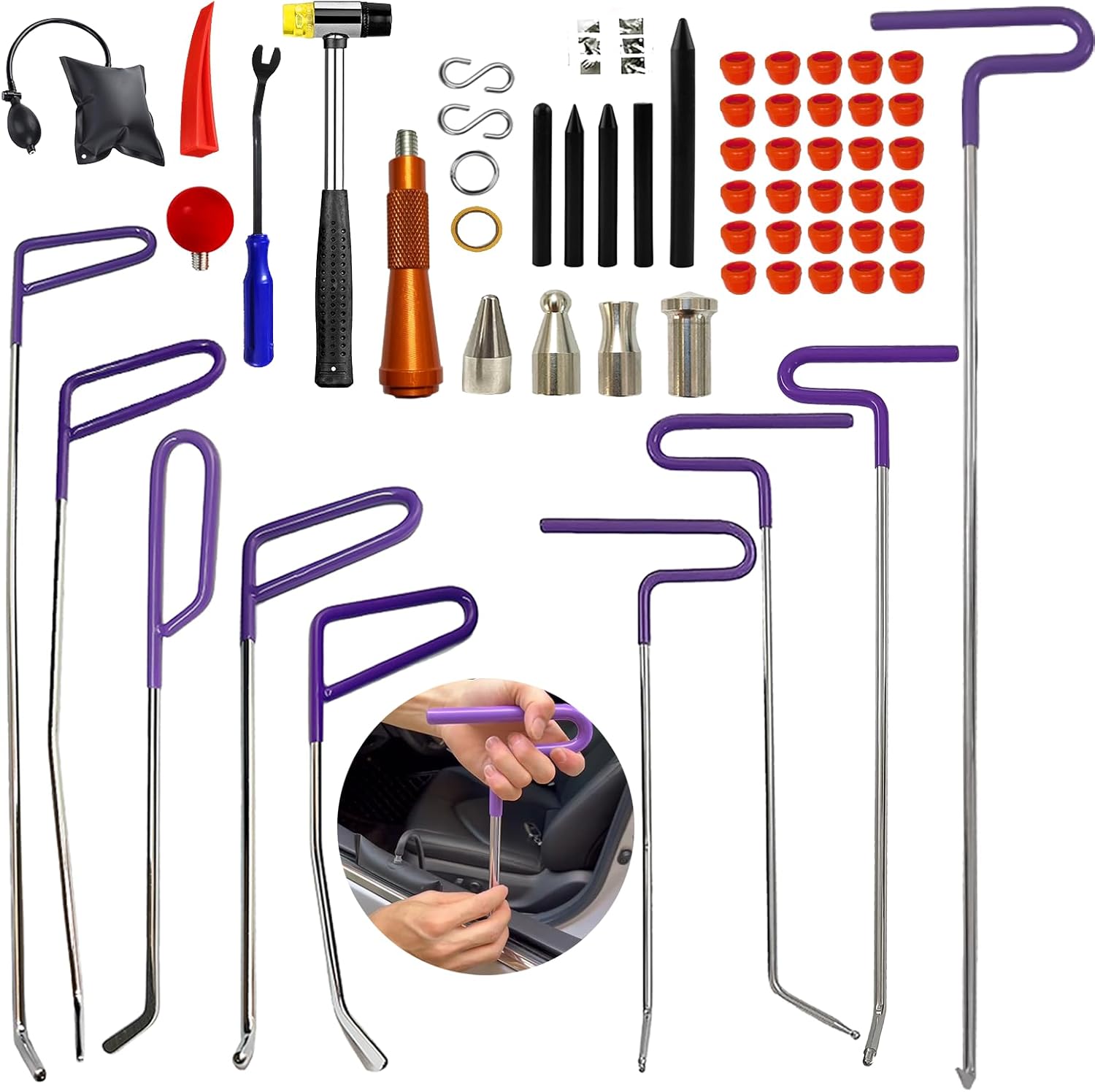 59pcs Paintless Dent Rods Repair Tools with Knock Down Pens,Red Soft Caps,Red Wedge and More,Suitable Removal Hail Damage,Dings and More for Car Body Dent Repair