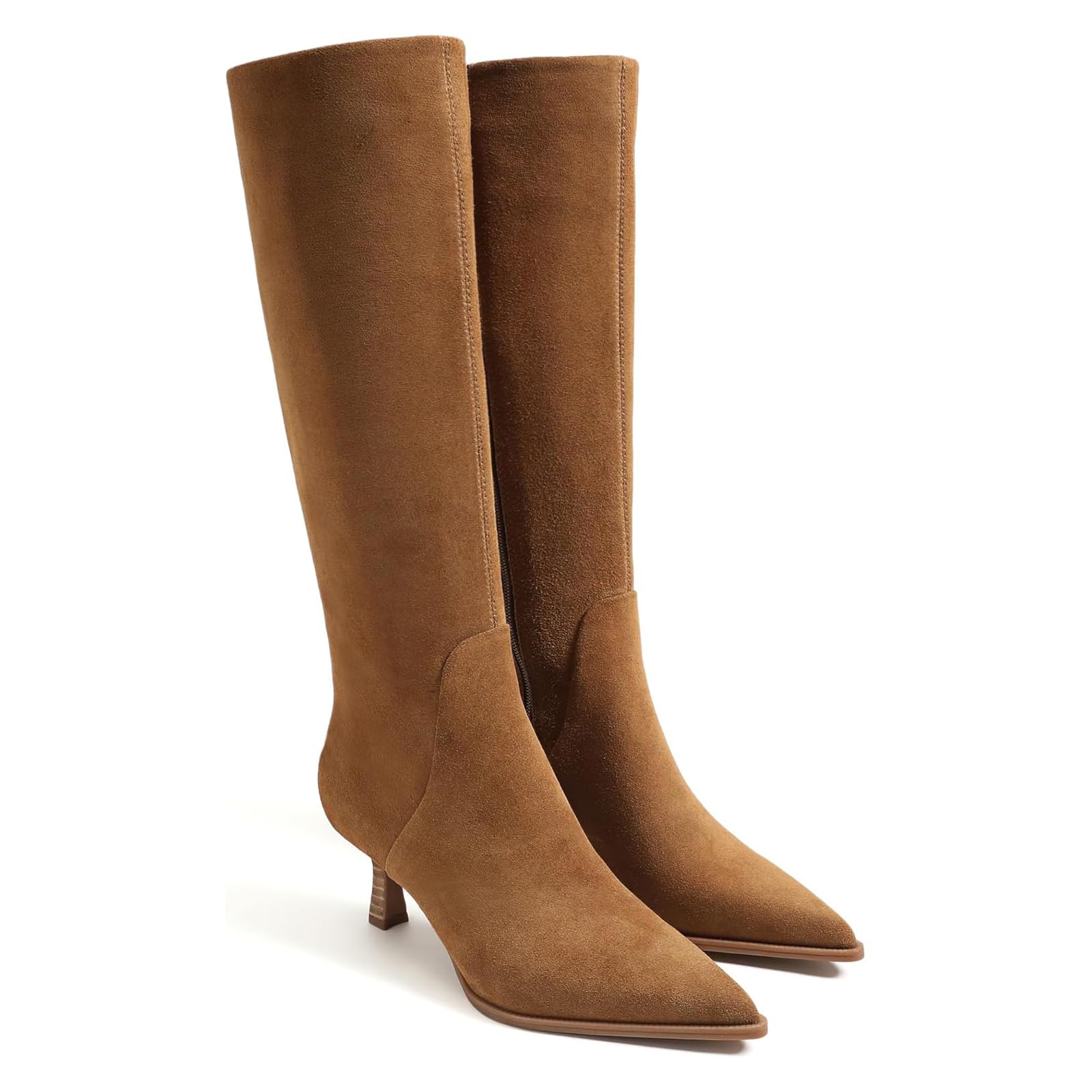 Suede Kitten Heel Knee High Boots Wide Calf Pointed Toe Tall Boots Dressy Long Boots with Side Zipper