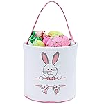XinblueCo Easter Bunny Basket Egg Bags for Kids,Canvas Cotton Personalized Candy Egg Basket Rabbit Print Buckets with Fluffy Tail Gifts Bags for Easter