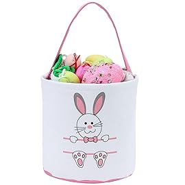 XinblueCo Easter Bunny Basket Egg Bags for Kids,Canvas Cotton Personalized Candy Egg Basket Rabbit Print Buckets with Fluffy Tail Gifts Bags for Easter