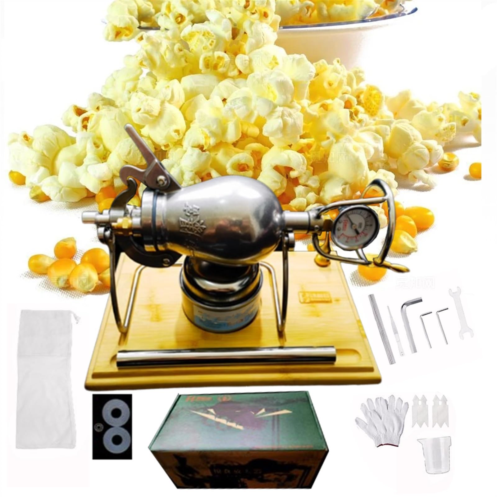 Ręczny Popcorn O Pojemności 320ml, Z Korbą, Podstawa Z Drewnianej Deski Mini Wysokociśnieniowa Maszyna Do Robienia Popcornu Ze Stali Nierdzewnej, Z Manometrem, Ogrzewanie Gazowe Slow
