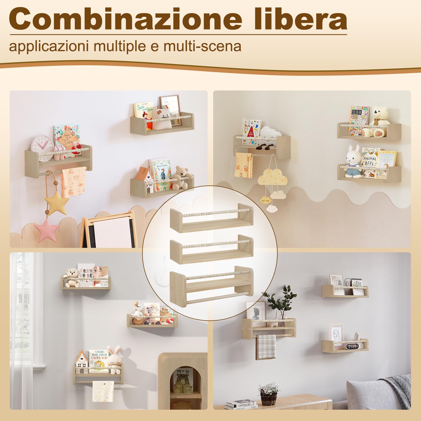 WOLTU Librerie per Bambini da Parete in Legno Massello, 40 cm Set di 3 Porta Libri per Cameretta, Scaffale Libri per Bambini, Librerie da Parete Piccole con Perline