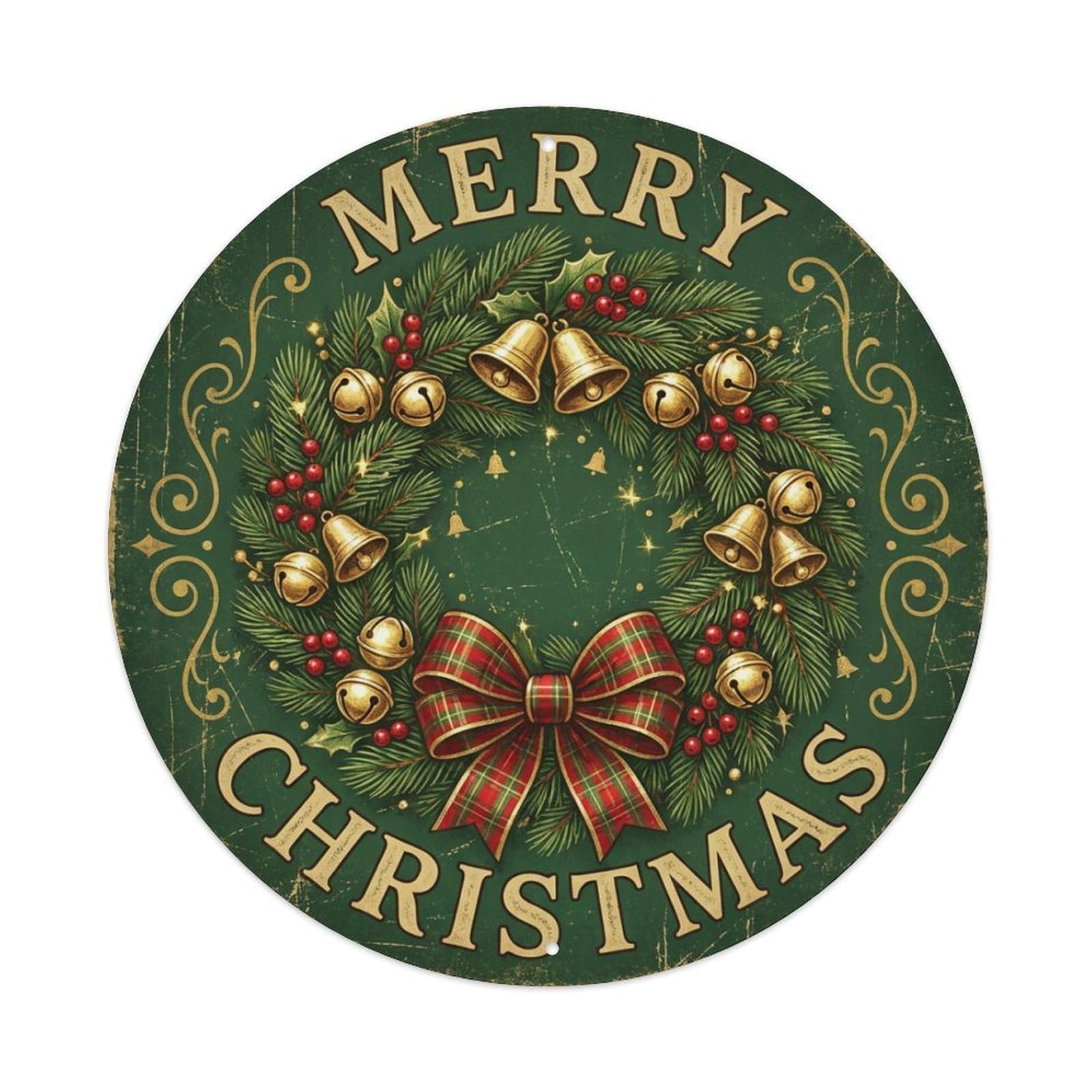 Merry Christmas Sleigh Bells Wreath Metal Tin Sign