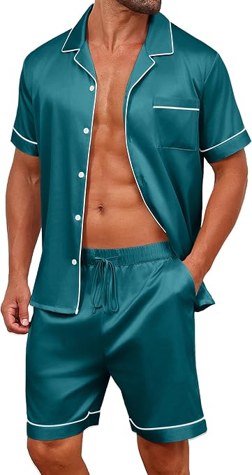 Vssjavun Mens Satin Silk Pajamas Sets Short Sleeve Button-Down Sleepwear Two Piece Loungewear with Pockets