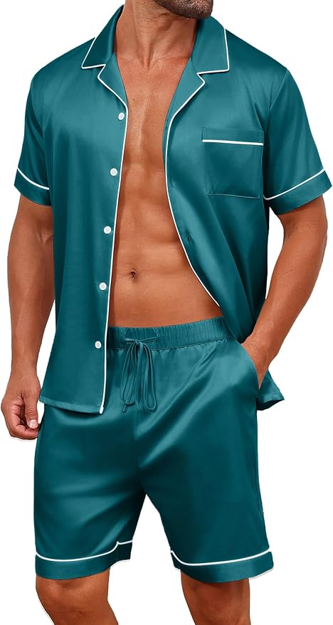 Vssjavun Mens Satin Silk Pajamas Sets Short Sleeve Button-Down Sleepwear Two Piece Loungewear with Pockets