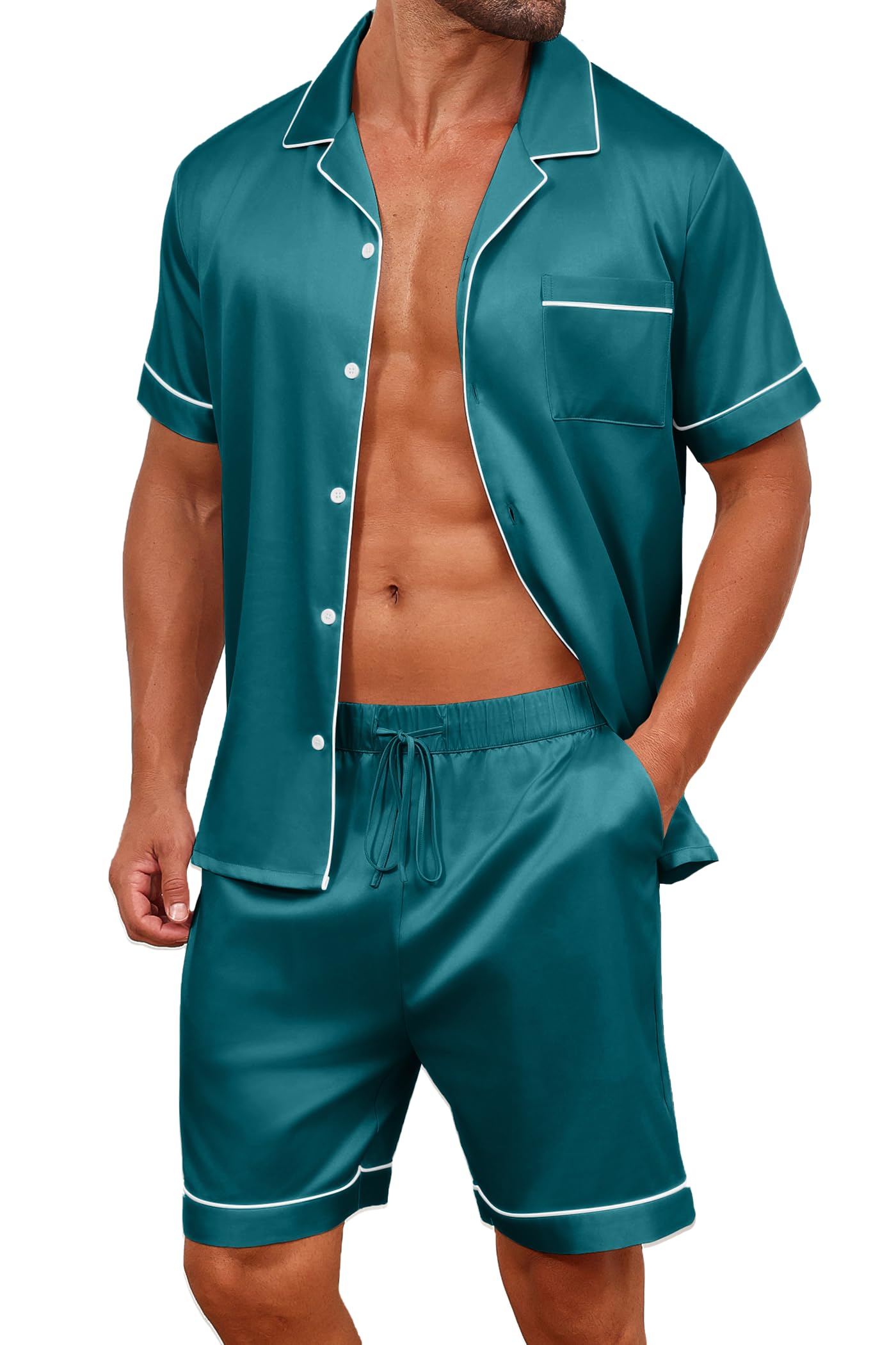 Mens Satin Silk Short Sleeve Button Down Two Piece Pyjama Set Loungewear with Pockets-image-32