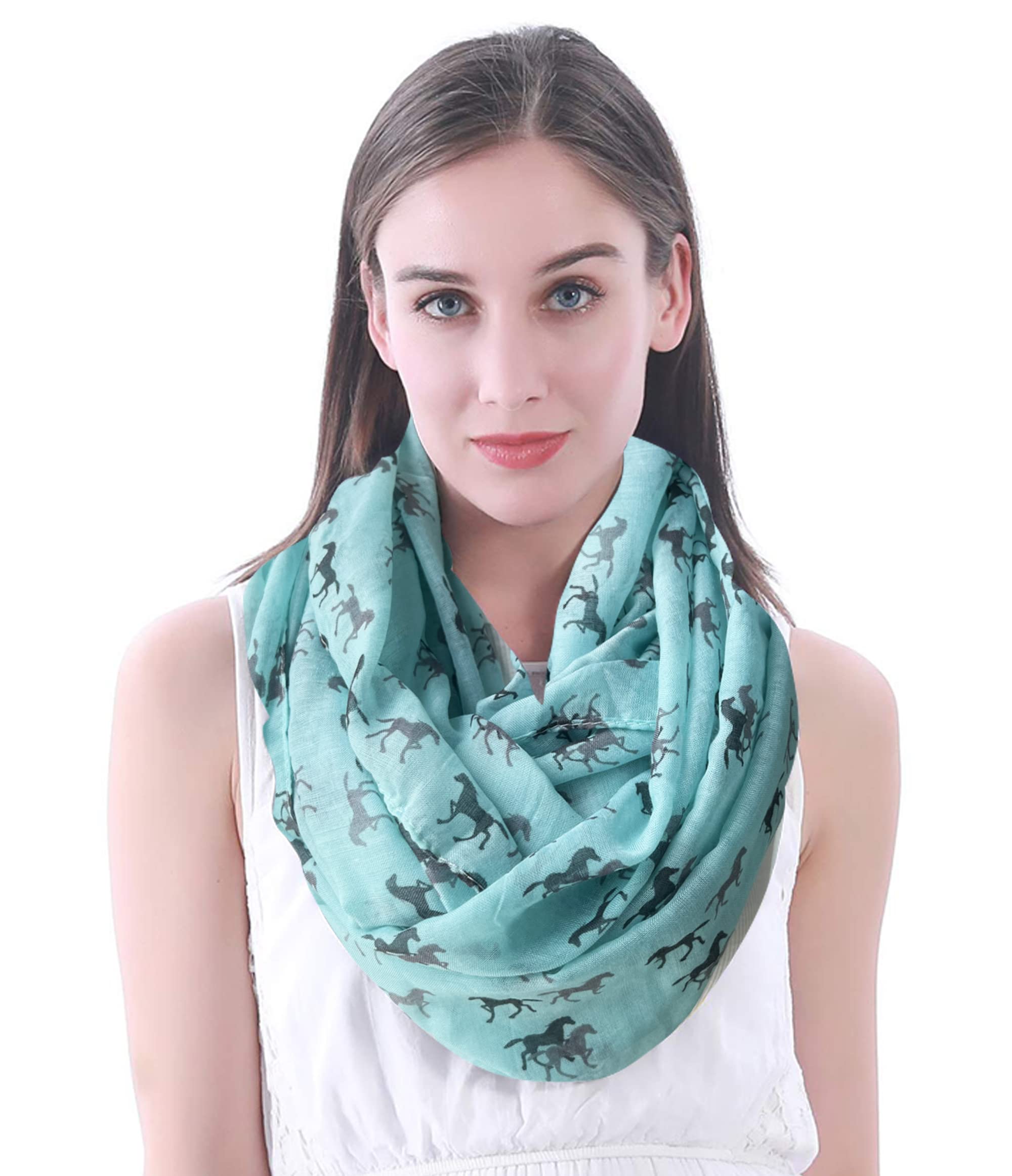 Lina & Lily Women's Turquoise Horse Print Infinity Loop Scarf Snood Lightweight (Turquoise)