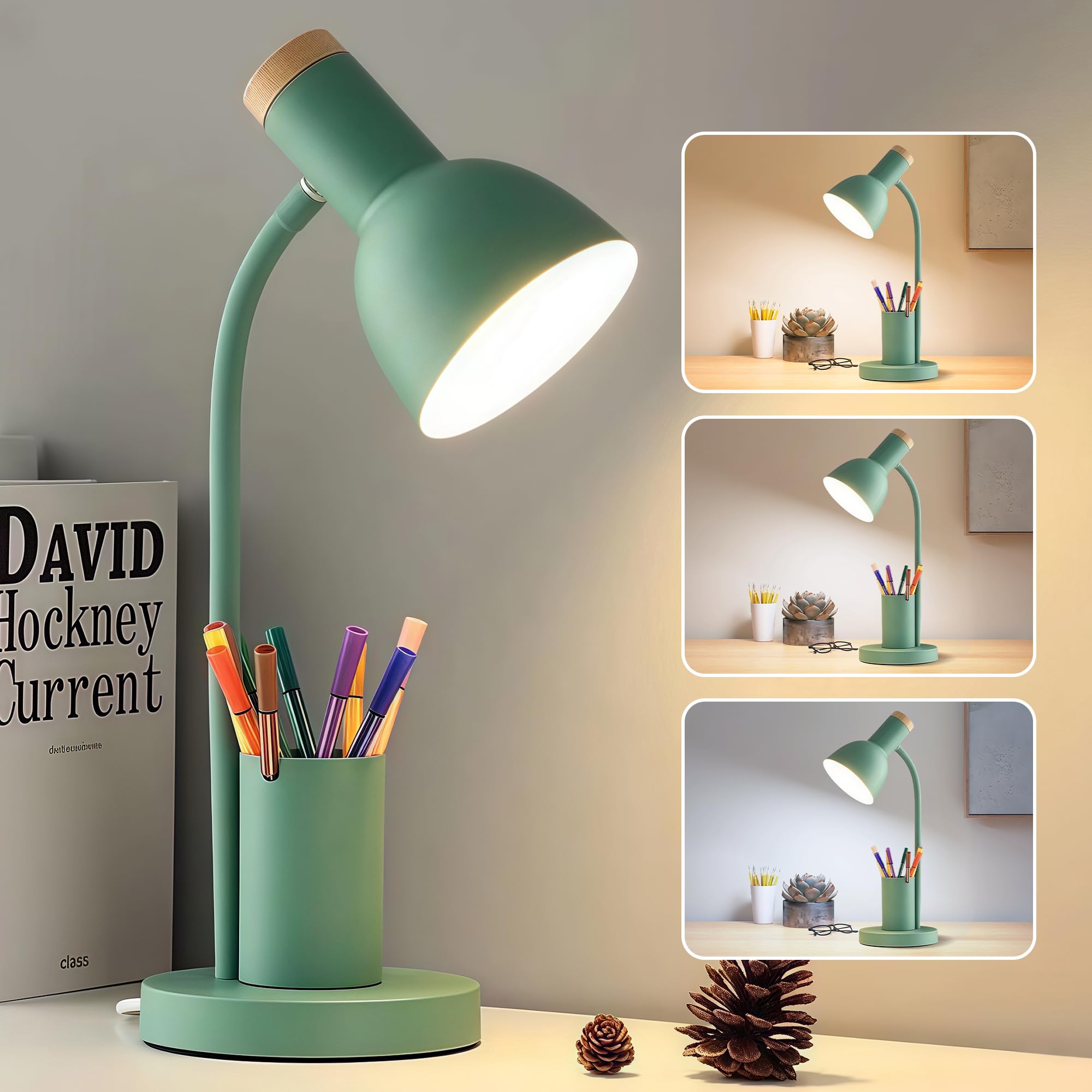 CRCTREND LED Desk Lamp with Pen Holder, Eye-Caring Table Lamps, 3 Colour Modes Reading Light, Flexible Gooseneck Study Lamp, Cute Desk Lamps for Home Office Bedside Dorm Essentials (Green Lamp)
