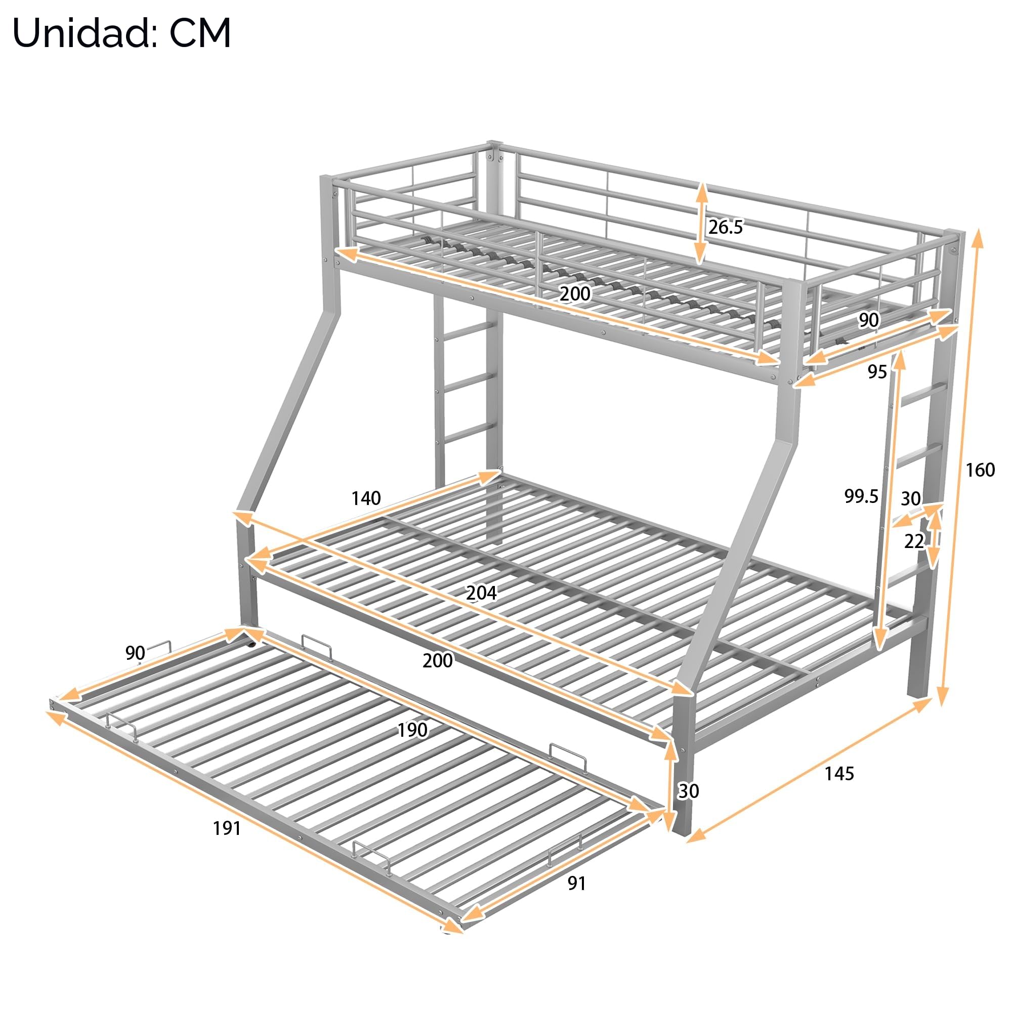 Azkoeesy Litera 140 x 200 cm, con Cama Nido, 2 escaleras, Cama Doble de Metal para 4 Adultos, Adolescentes, Plata