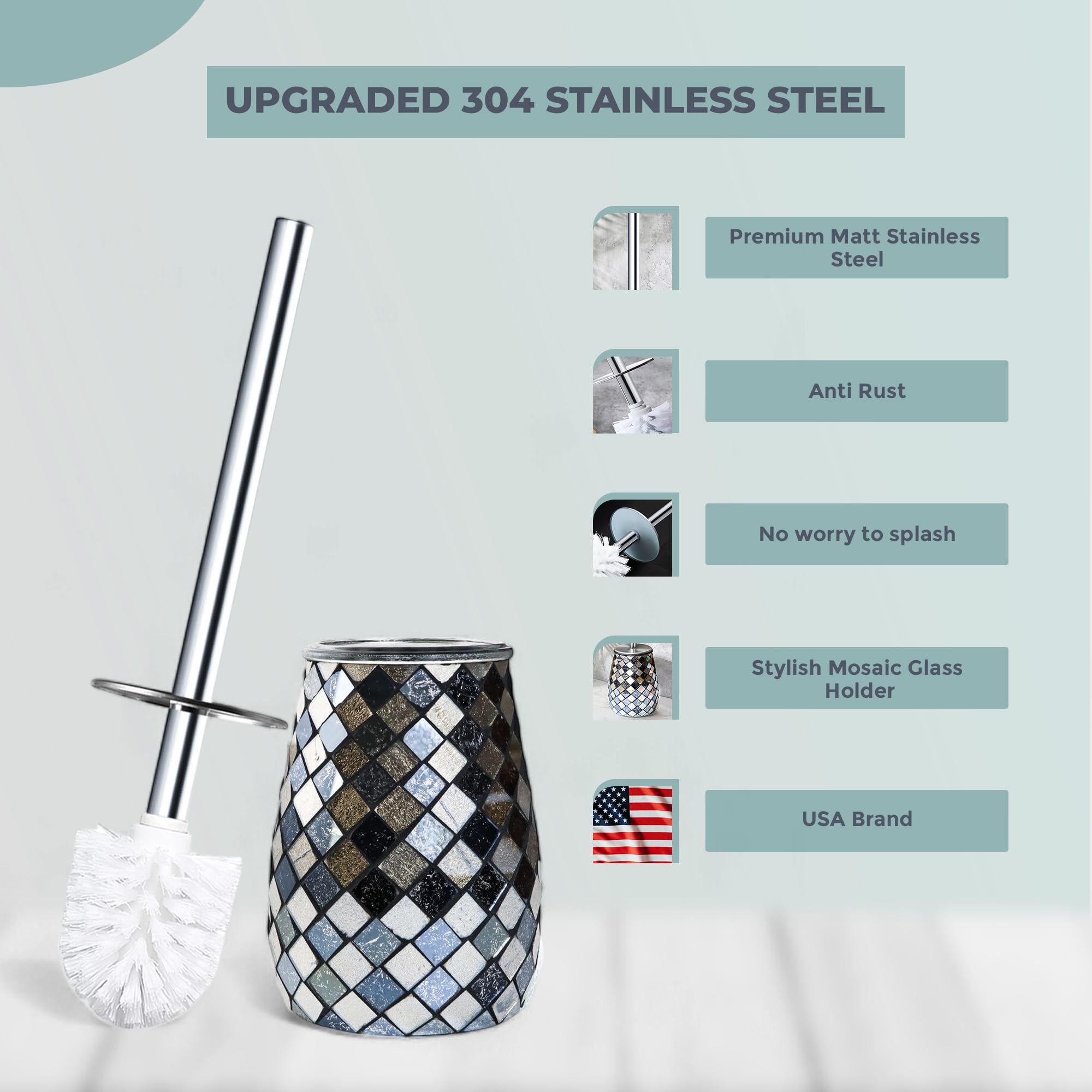 Escenzy Modern Toilet Brush and Holder Set Mosaic Glass | Non-Rustic Stainless Steel | Practical & Decorative Toilet Bowl Brush and Holder | Luxury Black and Gold Bathroom Accessories