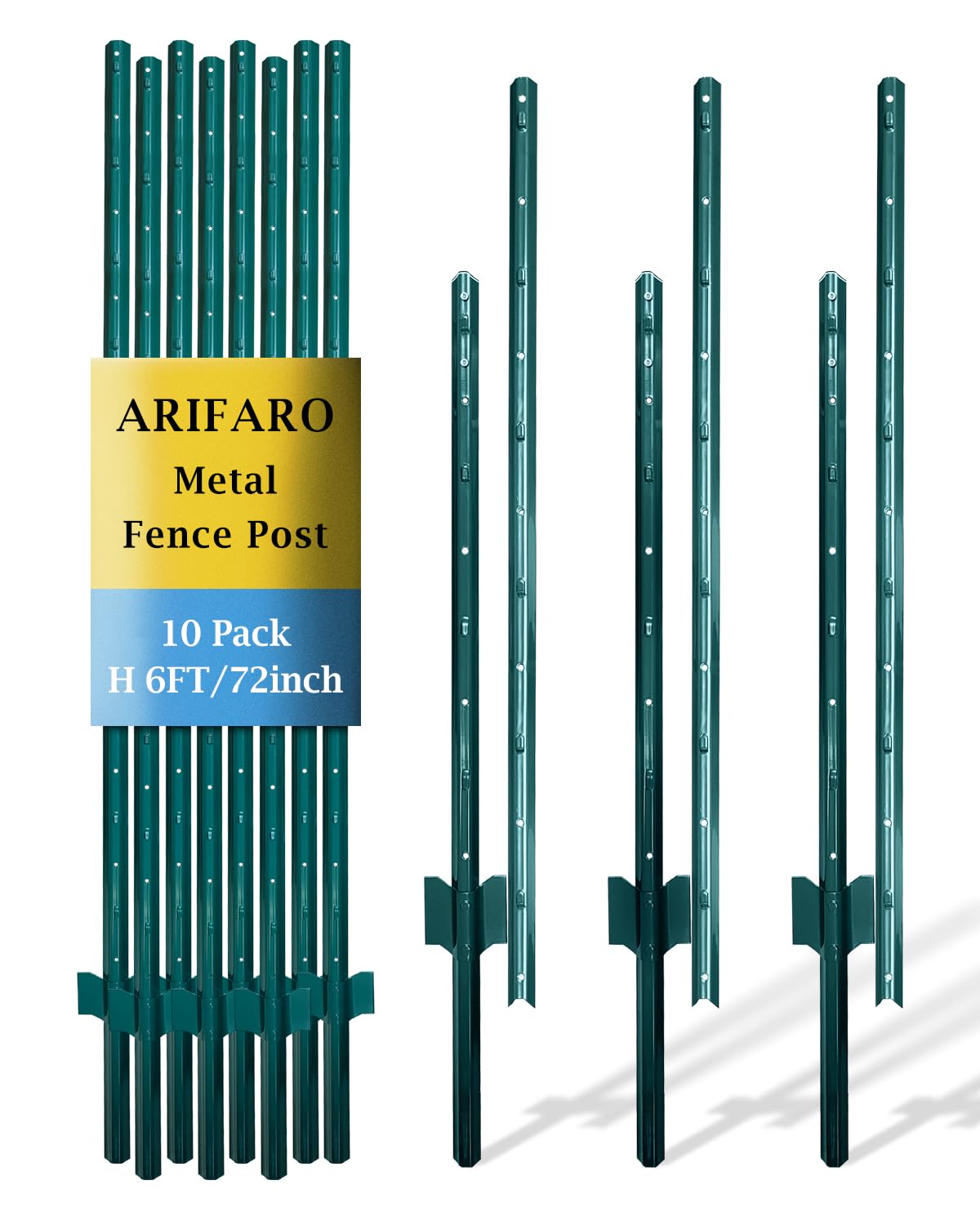 ARIFARO Metal Fence Posts 185cm / 6ft Assemblable, Pack of 10, Sturdy Duty No Digging Garden U Post for Wire Fencing Steel Poles for Yard, Outdoor Wire