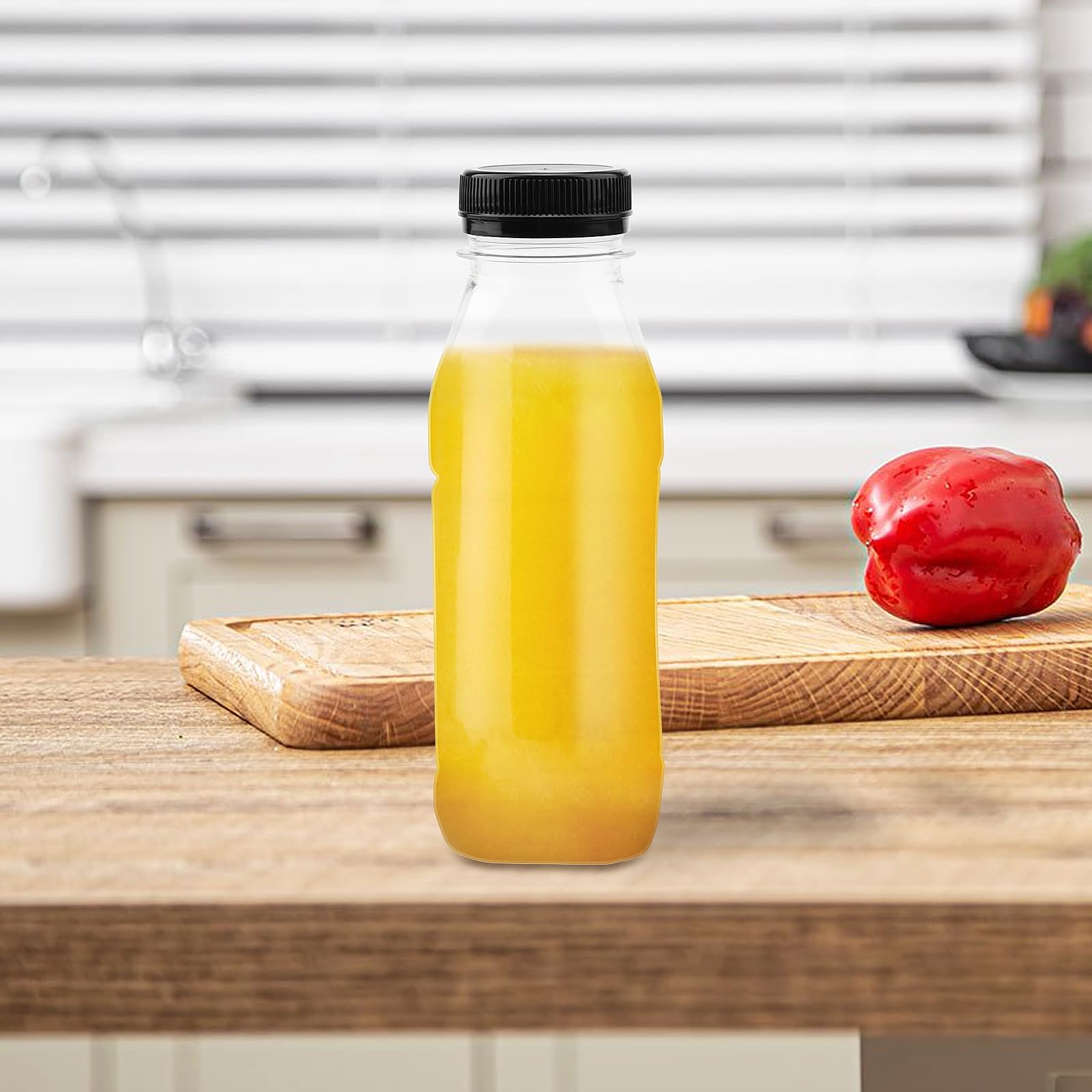 24 bottiglie di plastica trasparente da 350 ml con coperchio nero, contenitori trasparenti riutilizzabili per succhi, bottiglie vuote in PET per succhi, frullati, latte e altre bevande