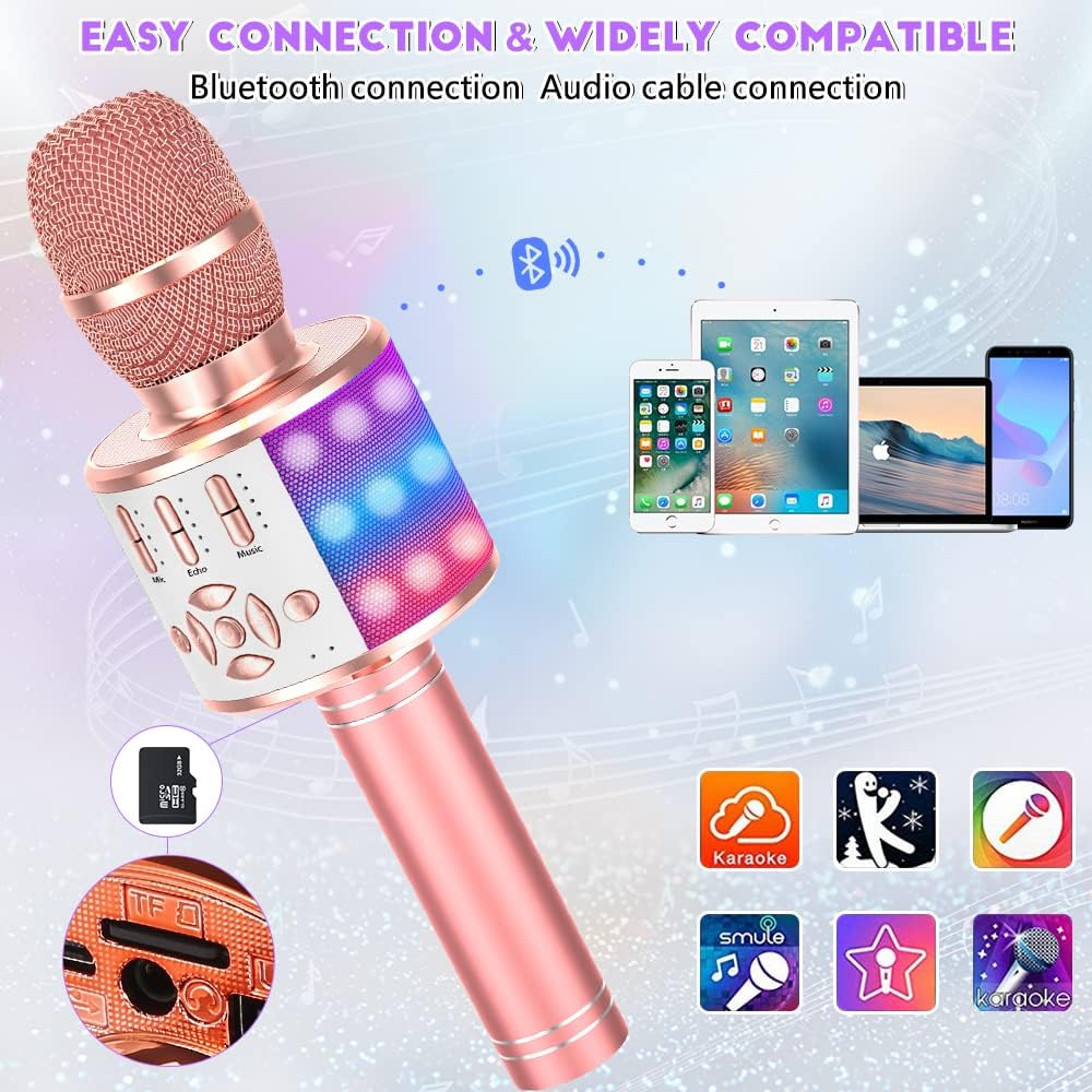Ankuka Microfono Karaoke Bluetooth Wireless Microfono Bambini Regalo per Bambini 3-12 Anni Microfono Giocattolo Cambia Voce, Compatibile con Android, iOS, PC Oro Rosa Nuovo