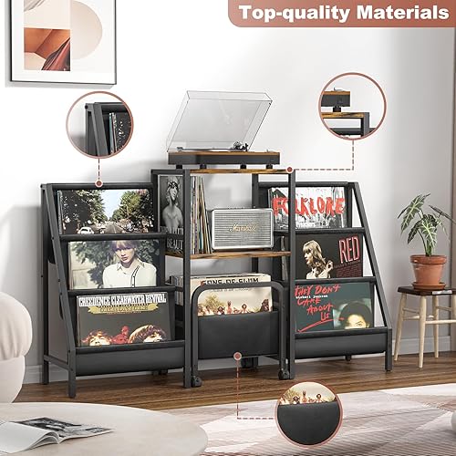 Miniatura 5 de Soporte para tocadiscos con carrito de almacenamiento de vinilo, mesa para tocadiscos con almacenamiento de discos de 200 álbumes, soporte giratorio