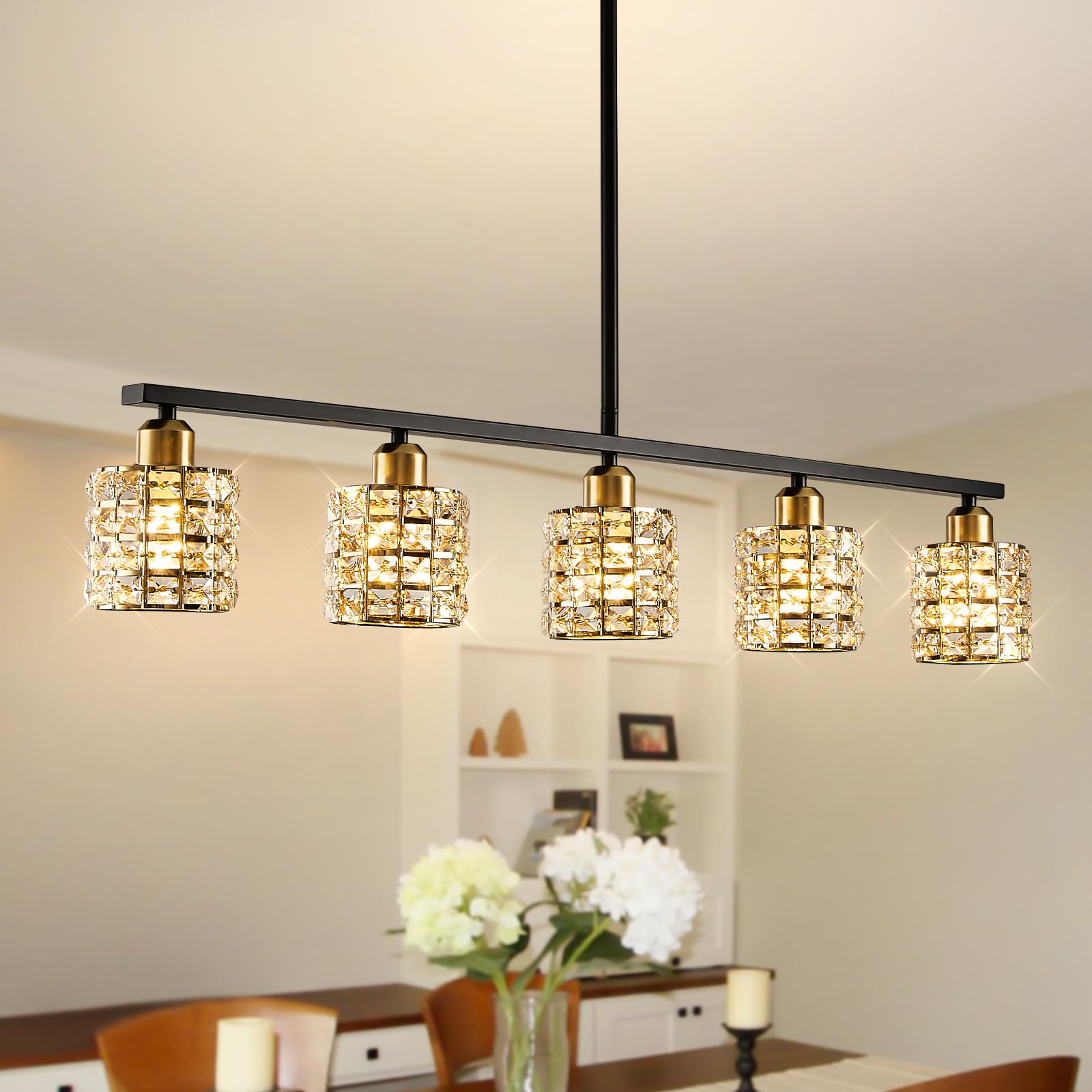 5-Light Linear Crystal Chandelier Black and Gold Dining Room Light Fixtures Over Table Adjustable Height Farmhouse Pendant Lights