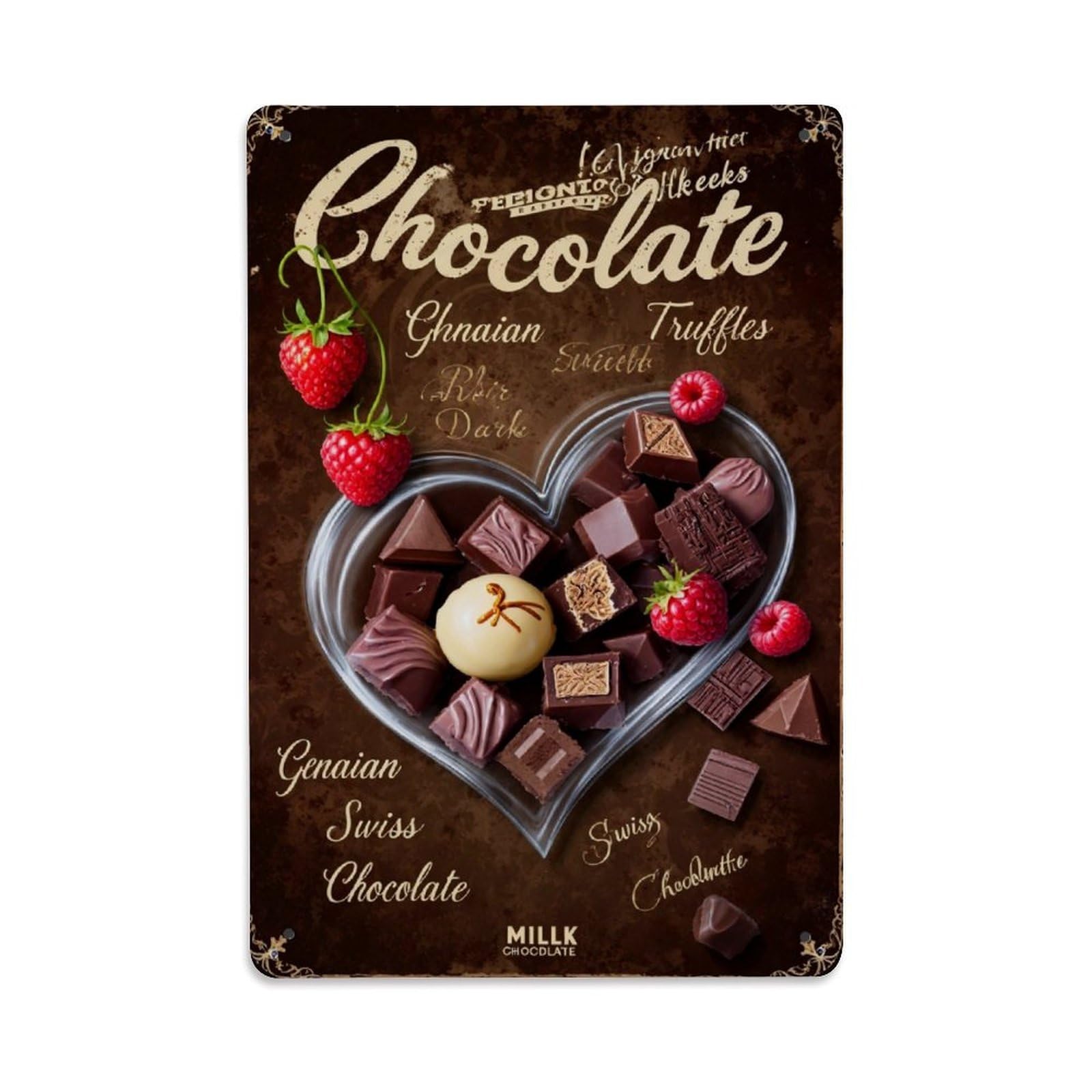 Heart Shaped Chocolate Assortment With Berries Vintage Tin Sign Retro Metal Wall Decor Metal Poster, Home Bar Garage Farmhouse Cafe Wall Art Decoration 8x12Inches