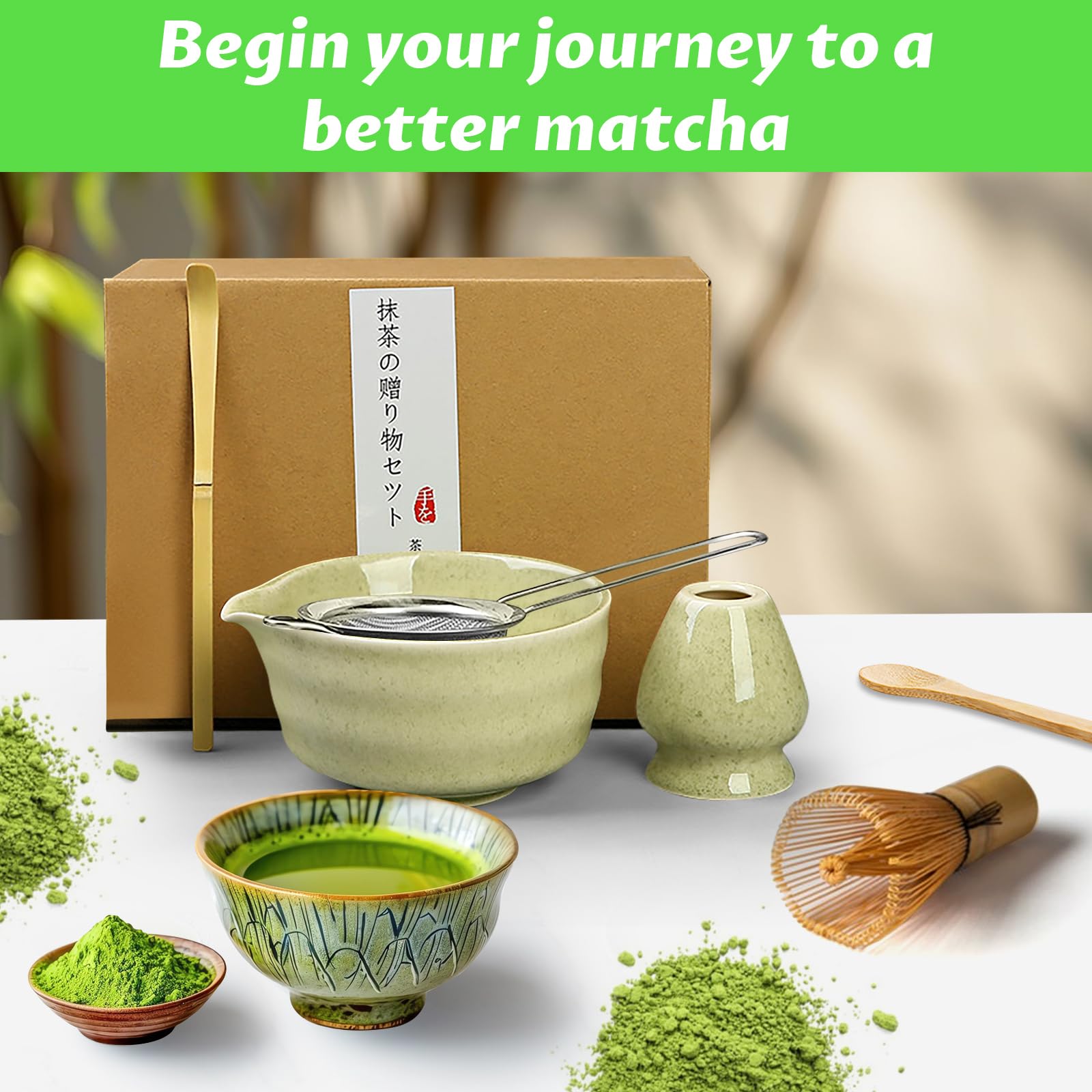 Matcha kit 6 Pezzi - Set di Matcha per Cerimonia Giapponese - Set Accessori Cerimonia Tè Matcha,Portafrusta, ideale per la cerimonia del tè o come regalo （Matcha verde）