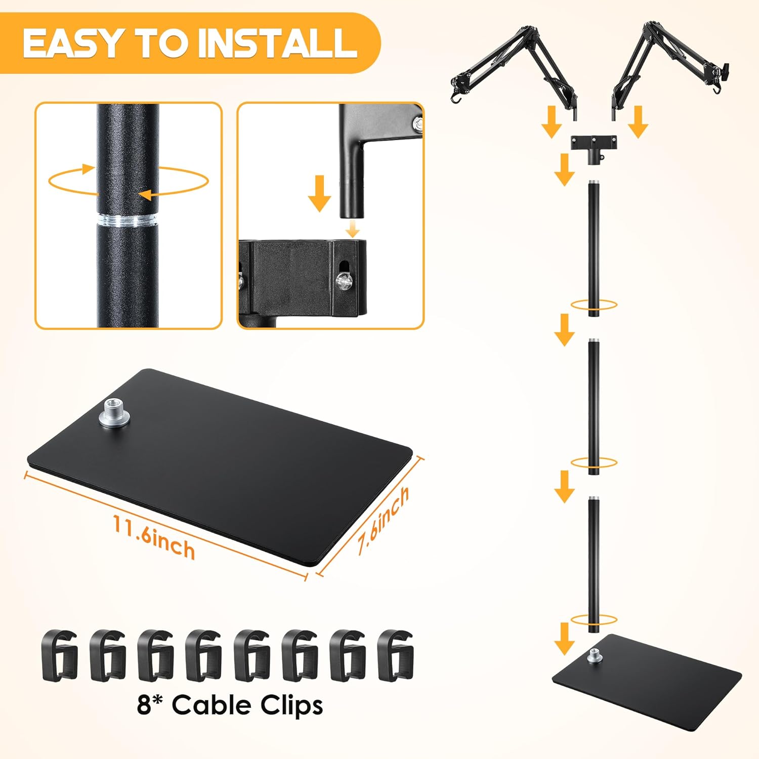 Enhon Reptile Heat Lamp Stand, Dual Reptile Light Stand with Two Flexible Brackets, Adjustable Heat Lamp Stand (15.7-74.3inch) with 360° Swing Arm and Anti tip Clip for Bearded Dragon Turtles Snake