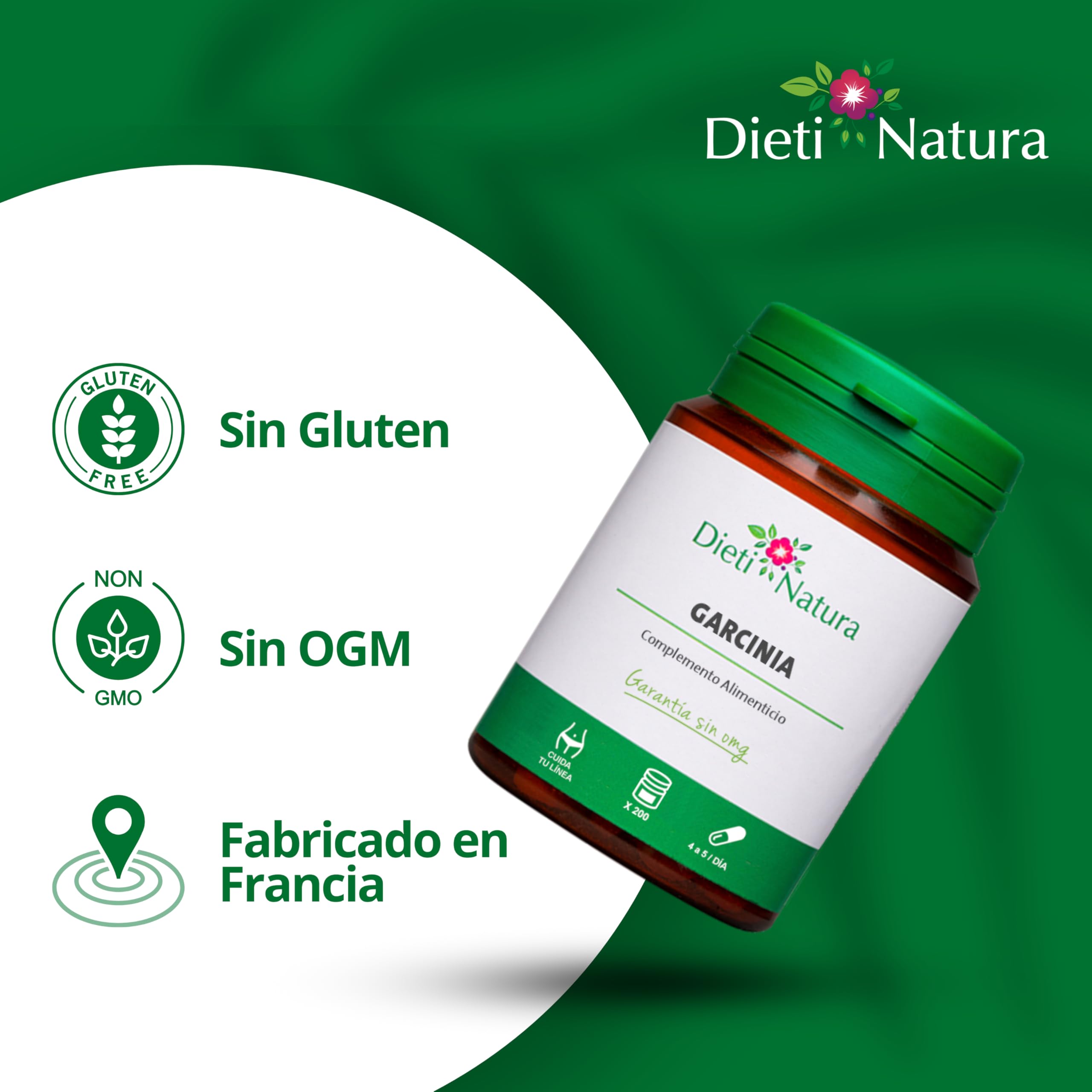 Dieti Natura Garcinia 200 Cápsulas (Pack de 2) - Garcinia Rica en Ácido Hidroxicítrico Esencial para Regular el Apetito y Controlar el Peso - Fabricado en Francia, Garantía sin OGM