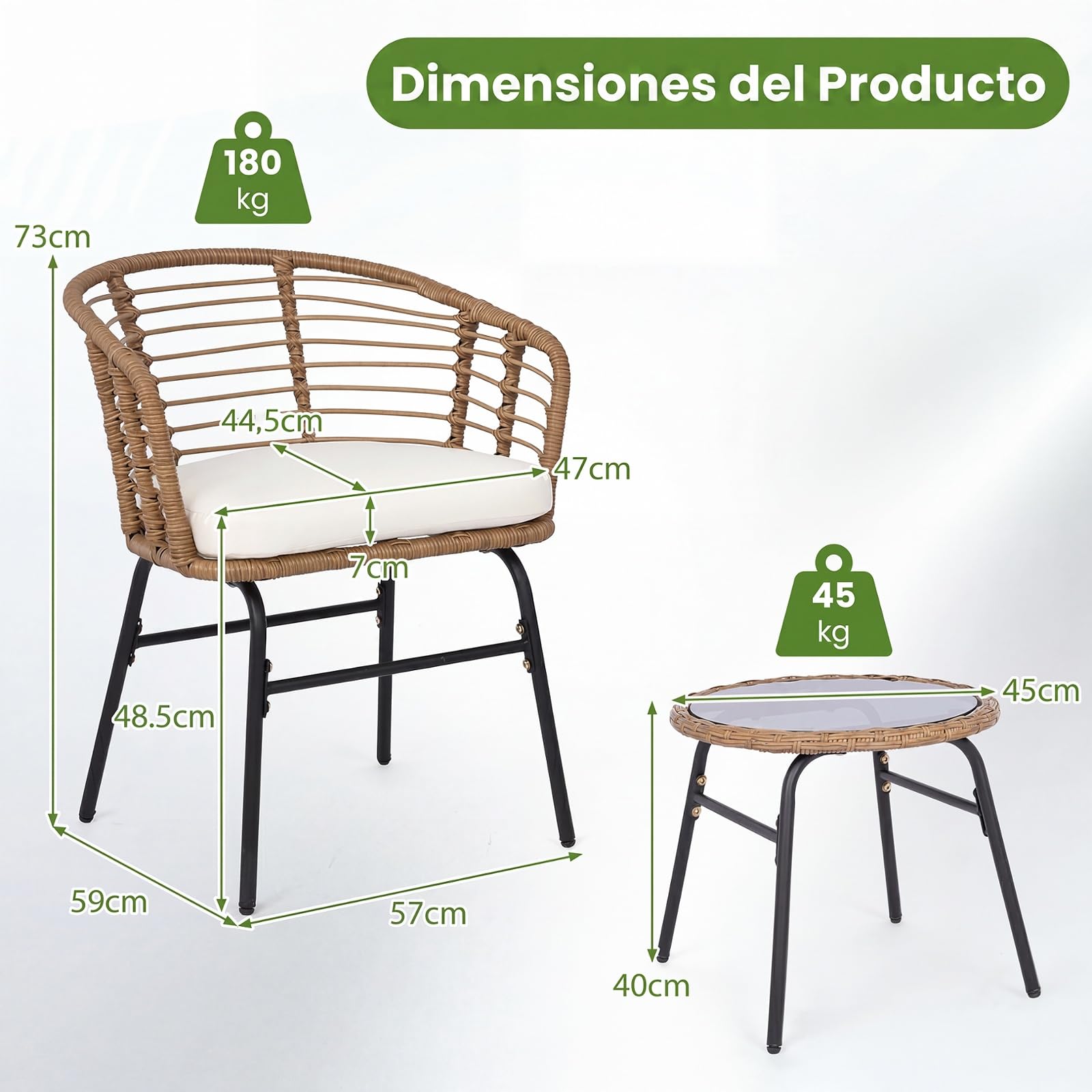 COSTWAY Conjunto Jardín Exterior, Conjunto de Mesa y Sillas Exterior de Ratán PE con Cojines Suaves, Estructura de Metal y Tablero de Vidrio Templado, Muebles de Jardín para Patio, Terraza