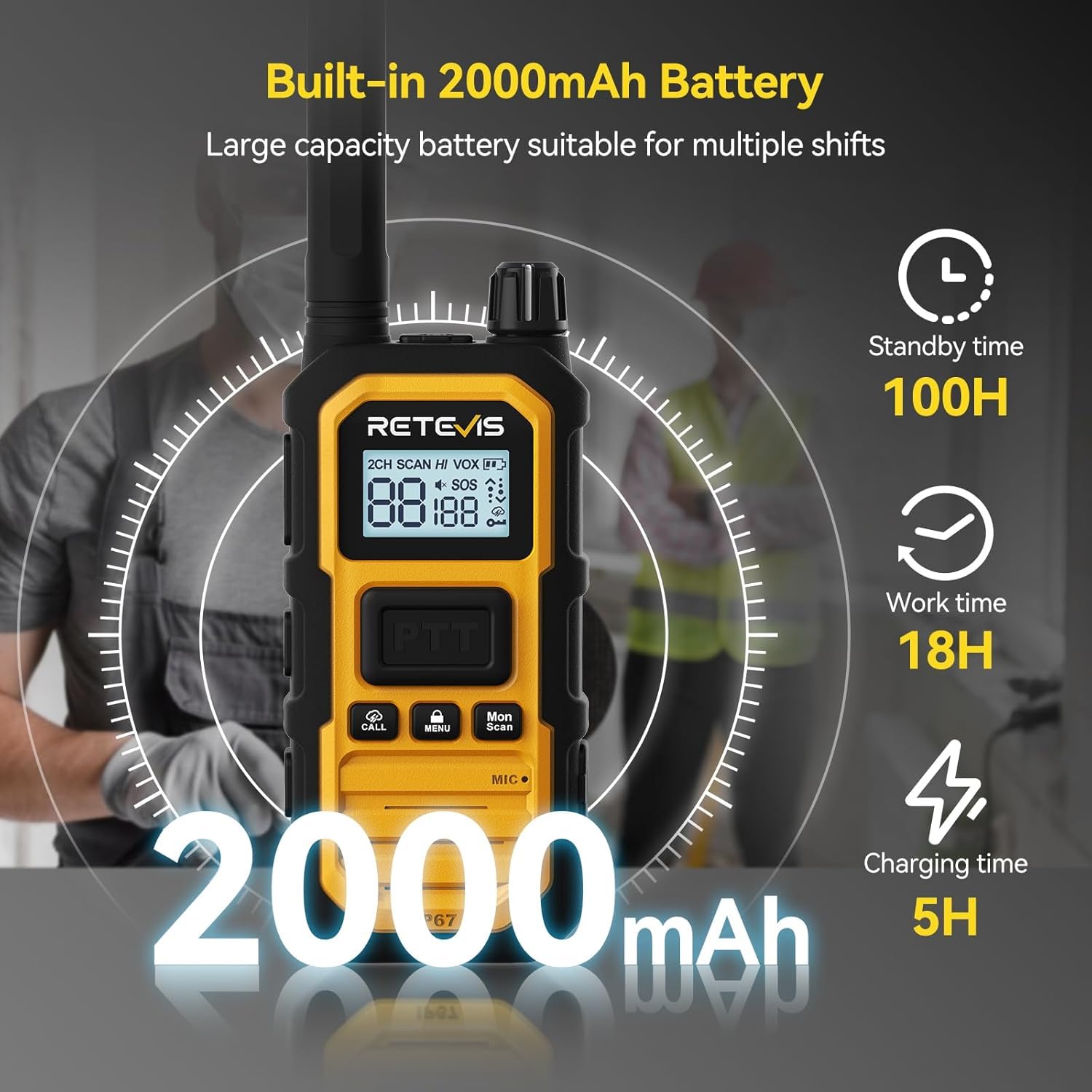 Retevis RB648 Plus Walkie Talkie a Lungo Raggio, Radio Bidirezionale Robust, Tripla Protezione Avanzata, Impermeabile IP67, 2000 mAh, Ricetrasmittenti Portatile per Ambienti Difficili(4 Pezzi, Giallo)