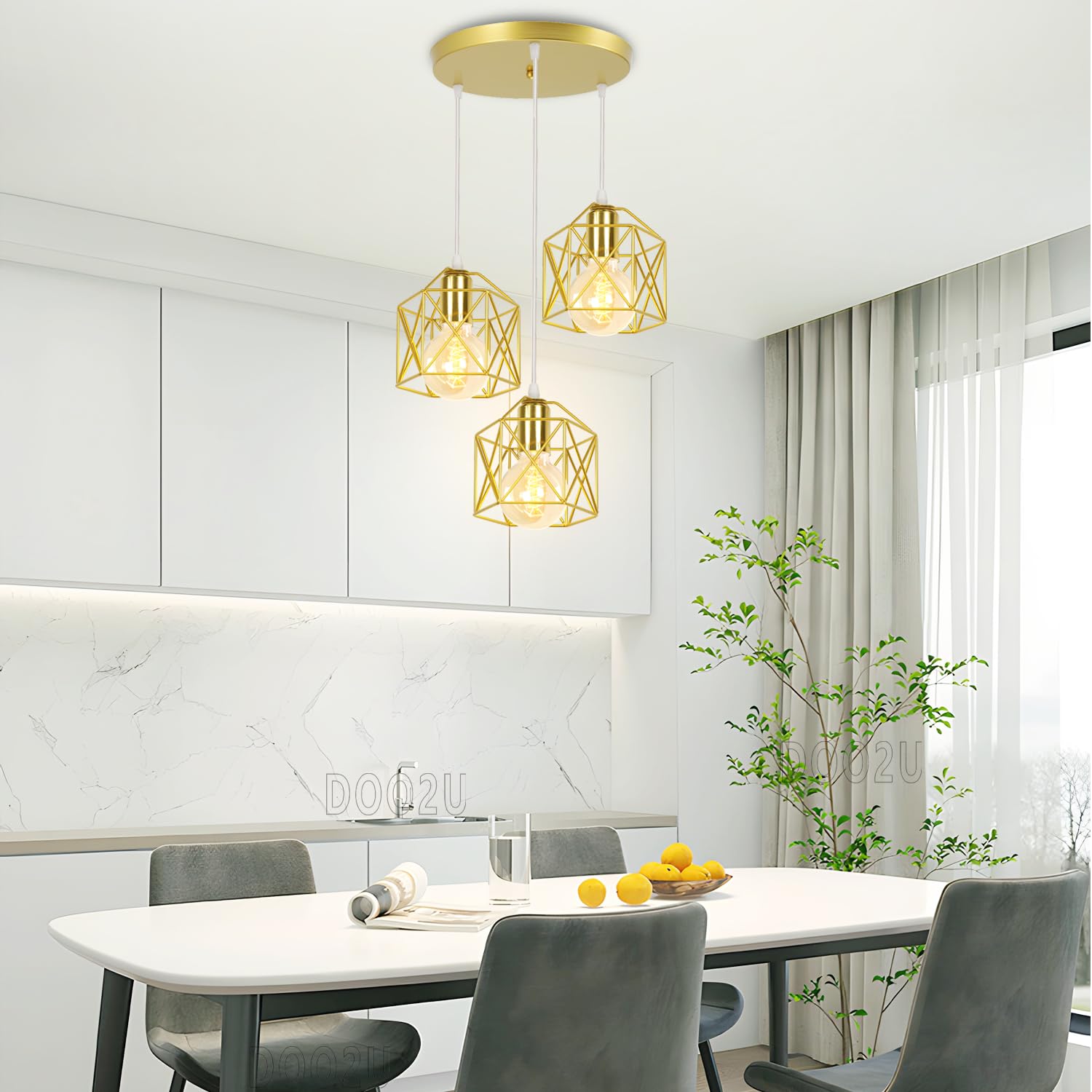 Suspension Luminaire Industrielle 3 Lampes Vintage E27 Lustre Abat-jour en Métal Design pour Salon Chambre Cuisine (Doré - avec une base)