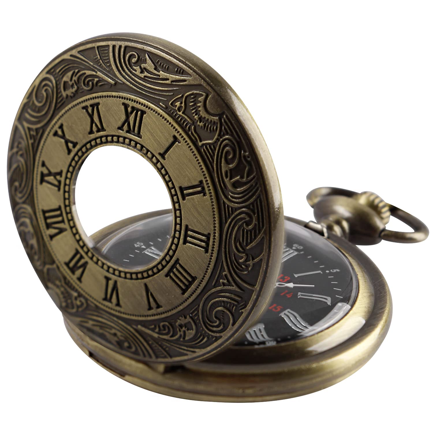 zegarek kieszonkowy， Vintage Roman Number Quartz Steampunk Zegarek kieszonkowy z łańcuszkiem dla mężczyzn Urodzinowe prezenty świąteczne(Bronze)