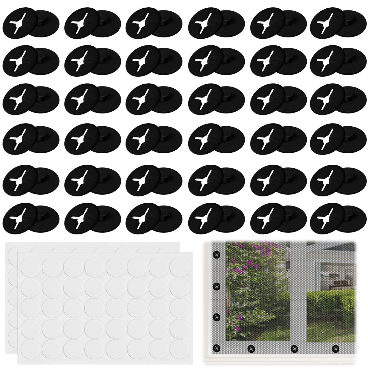 BUZIFU 40 Set Window Screen Buckle Self-Adhesive Strips Screen Window Mounting Buckles Screen Buckle Fixings Mounting Buttons for Mesh Curtains, Door Curtains, Insect Net, No Drilling (Black)