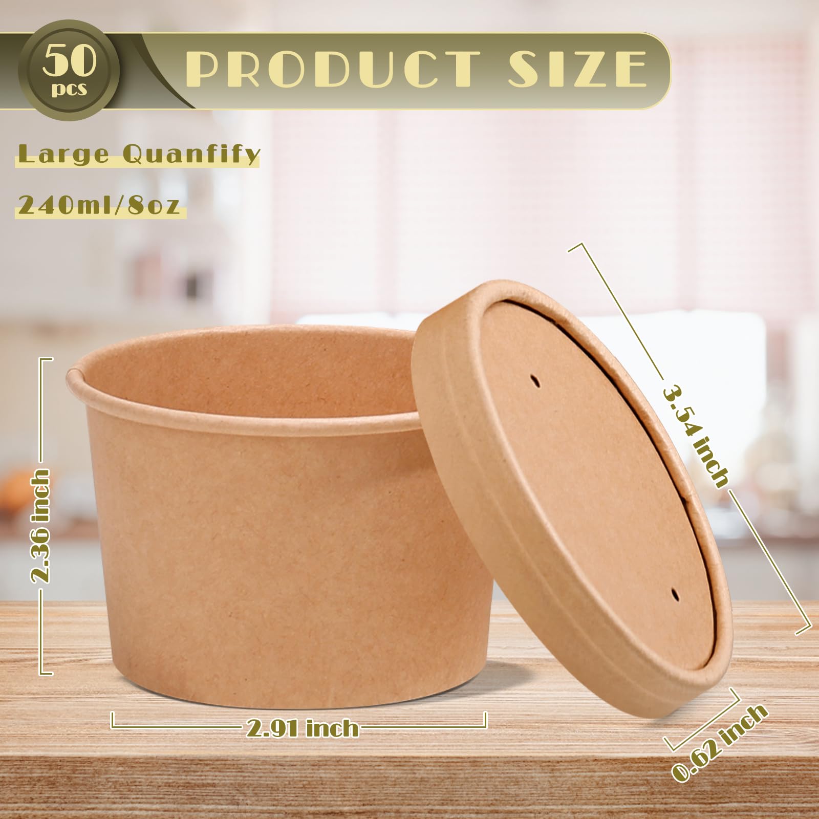 Recipientes de sopa de papel de 8 onzas con tapas, vasos desechables de papel kraft con tapas ventiladas, tazas de sopa para llevar, cuencos de sopa calientes, tazas de helado, tazas de postre de