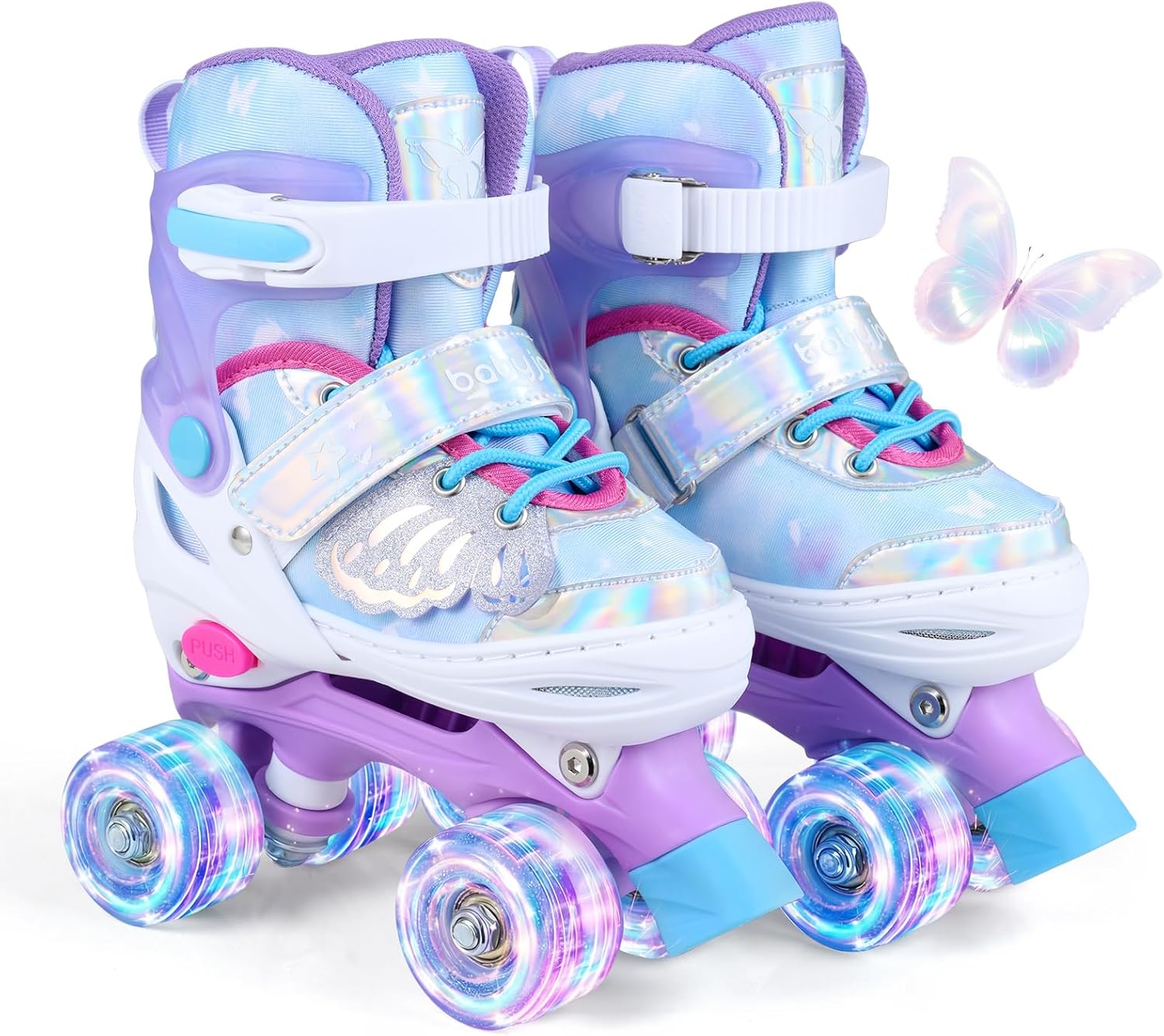 BABY JOY Roller Skates, 4-Size Adjustable Quad Skates for Girls Teens 9-14 w/Light-up Wheels & Safety Protection, Fun Illuminating Gifts for Indoor Outdoor Sports