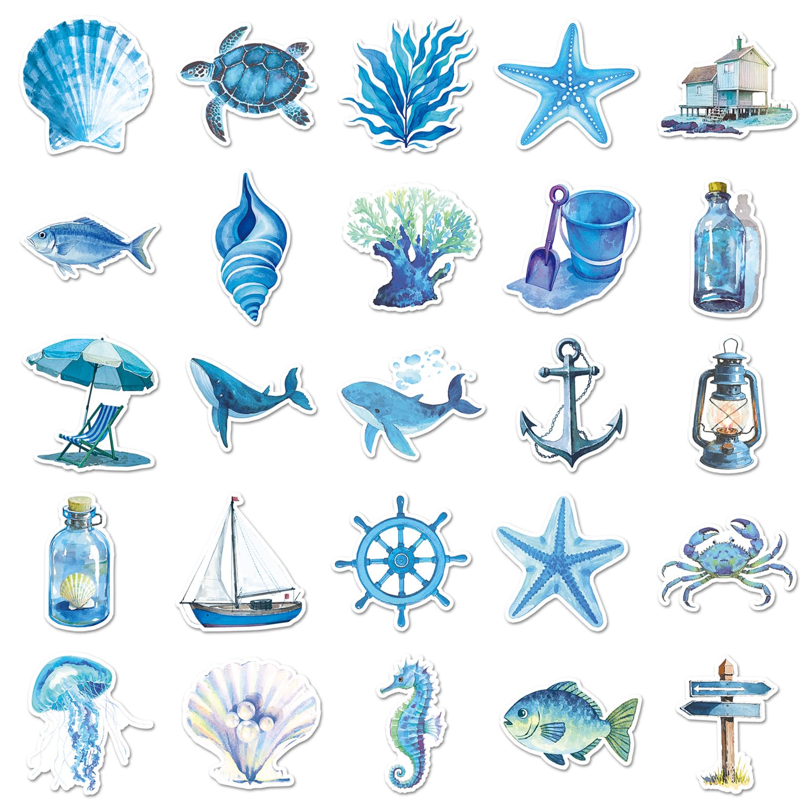 50PCS Cartoon Blue Coast for Water Bottles Laptop Scrapbook Luggage Phone Computer Skateboard Notebook Helmet Journal Bike Guitar,Beautiful Blue Ocean Beach Waterproof Decals for Girl Teen Adult - Image 2