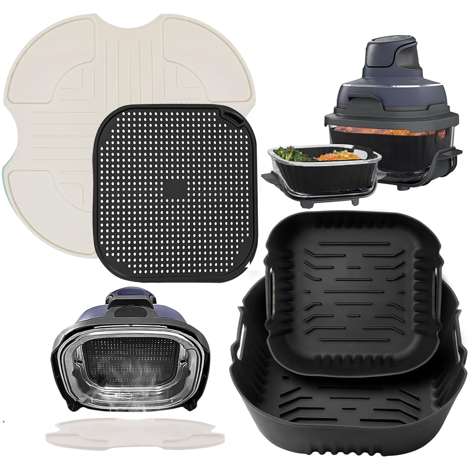 Airfryer Zubehör für Ninja CRISPi FN101EU Airfryer 2 Stück Silikonform+ Spritzschutz + Silikonmatten für Ninja Crispi Zubehör, Wiederverwendba Airfryer Silikonform, Spülmaschinen (Beige)