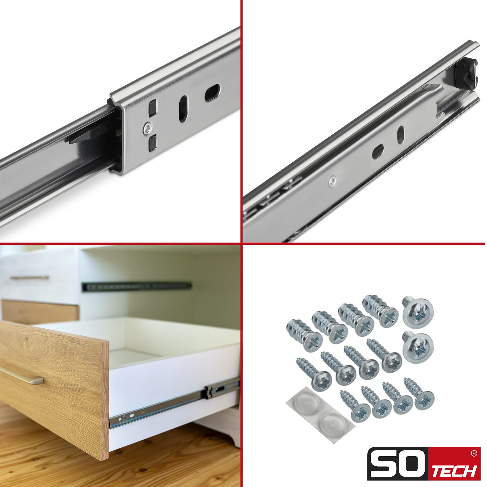 4 Coppie Guide Per Cassetti SOTECH KT-15 - Estrazione Parziale, 400mm, Carico 15kg, Zincate, Set Viti Incluso