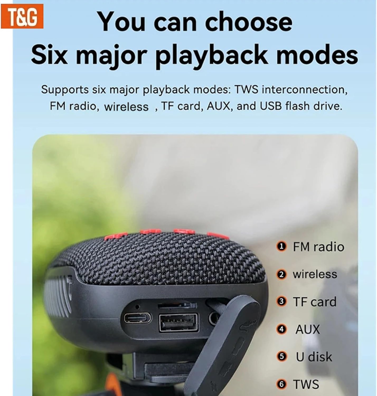 T&G Portable Bluetooth Bike Speaker, Waterproof Wireless Mini Speaker with Bike Mount, 12H Playtime, Built-in Mic, Shockproof, for Cyclists, Hiking, Travel - Image 6