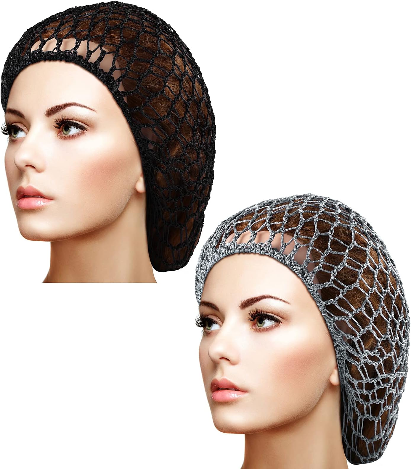 Waydress 2 Pieces Mesh Hair Net Rayon Knit Snood Women Crocheted Sleep Cap (Black, Gray)