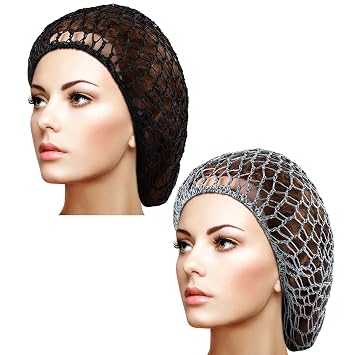Waydress 2 Pcs Hair Nets Snood for Women Food Service Worker Sleeping Long Hair Cap Mesh Crochet Hairnet Tubi Wrap Rayon KnitBlack, Gray