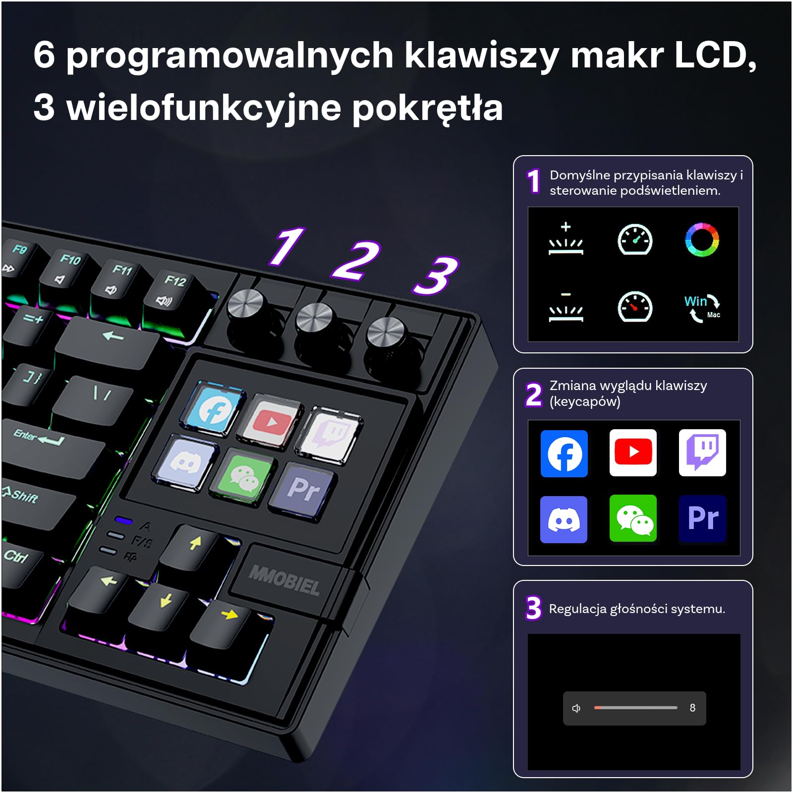 Mechaniczna Klawiatura do Stream Deck firmy MMOBIEL – QWERTY RGB, Hot-Swappable, 6 Programowalnych Klawiszy LCD i 3 Pokrętła Sterujące do OBS, Streamingu, Montażu, Produktywności – do Windows/macOS