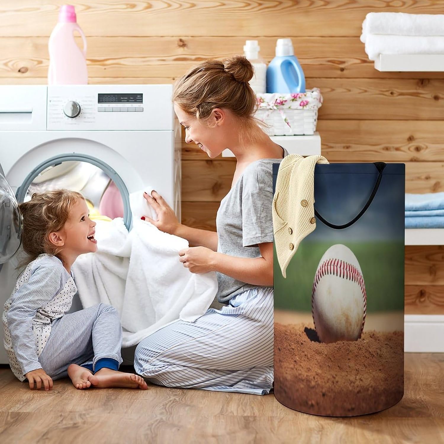 Baseball Laundry Hamper with Handles Freestanding Large Laundry Basket Collapsible Clothes Hamper Waterproof Clothes Basket for Family Bathroom Decor Storage 86L