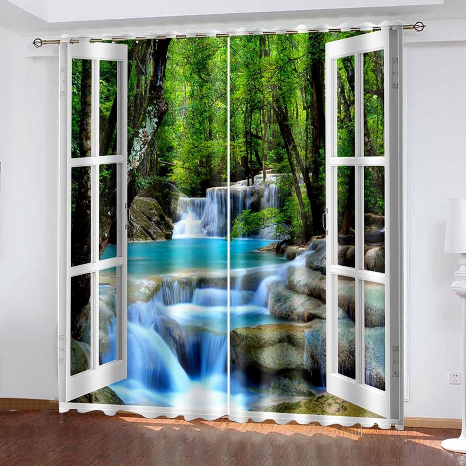Rideau Boheme Chic, Rideaux Cuisine Vert Blanc Cadre de Fenêtre de Paysage Naturel Polyester 2 Panneaux 192x138cm