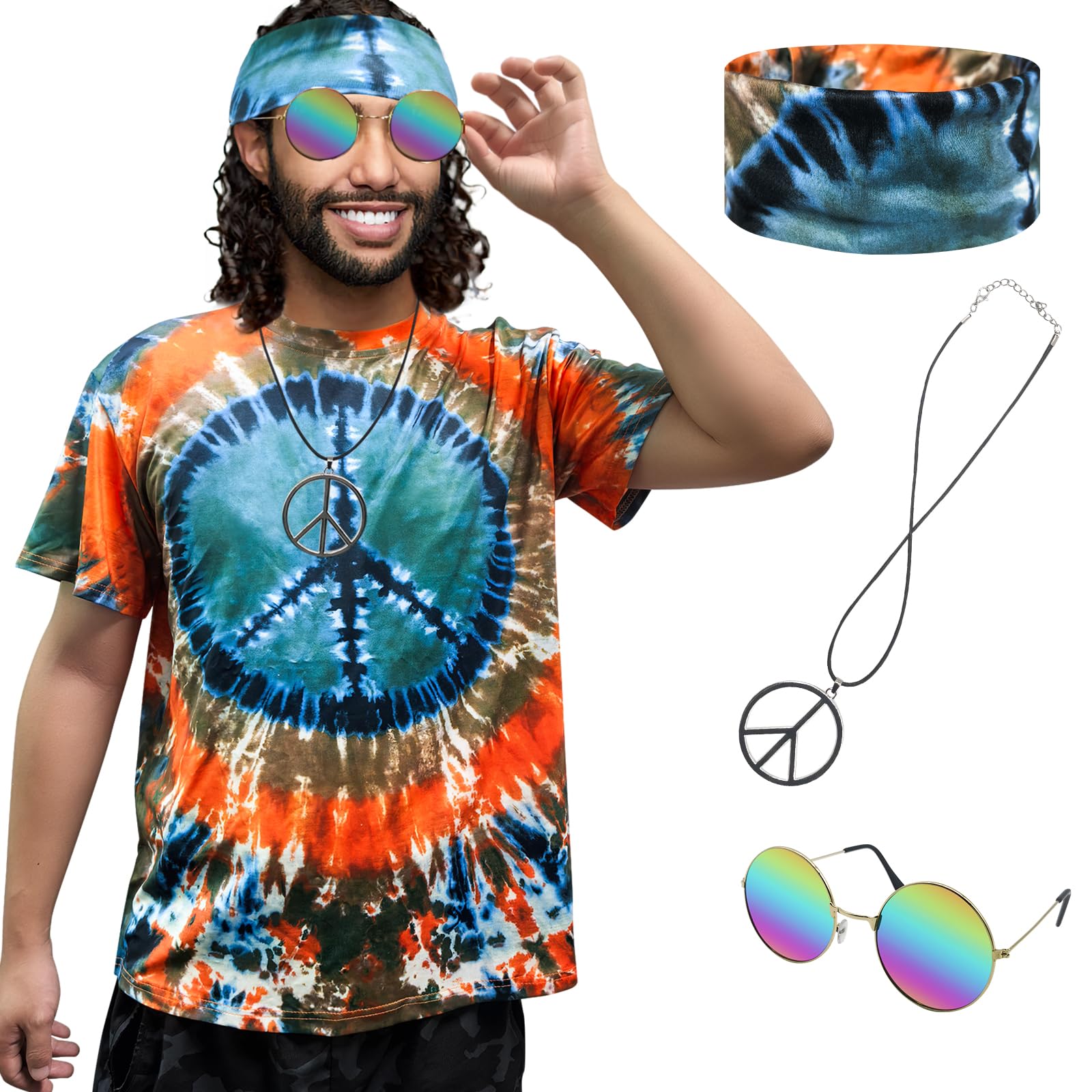 XonyiCos Hippie Costume for Men Women 60s and 70s colorful T-shirt sunglasses headband Peace necklace 4-piece theme party, Peace Orange Brown 4-piece Set, Medium — image 1