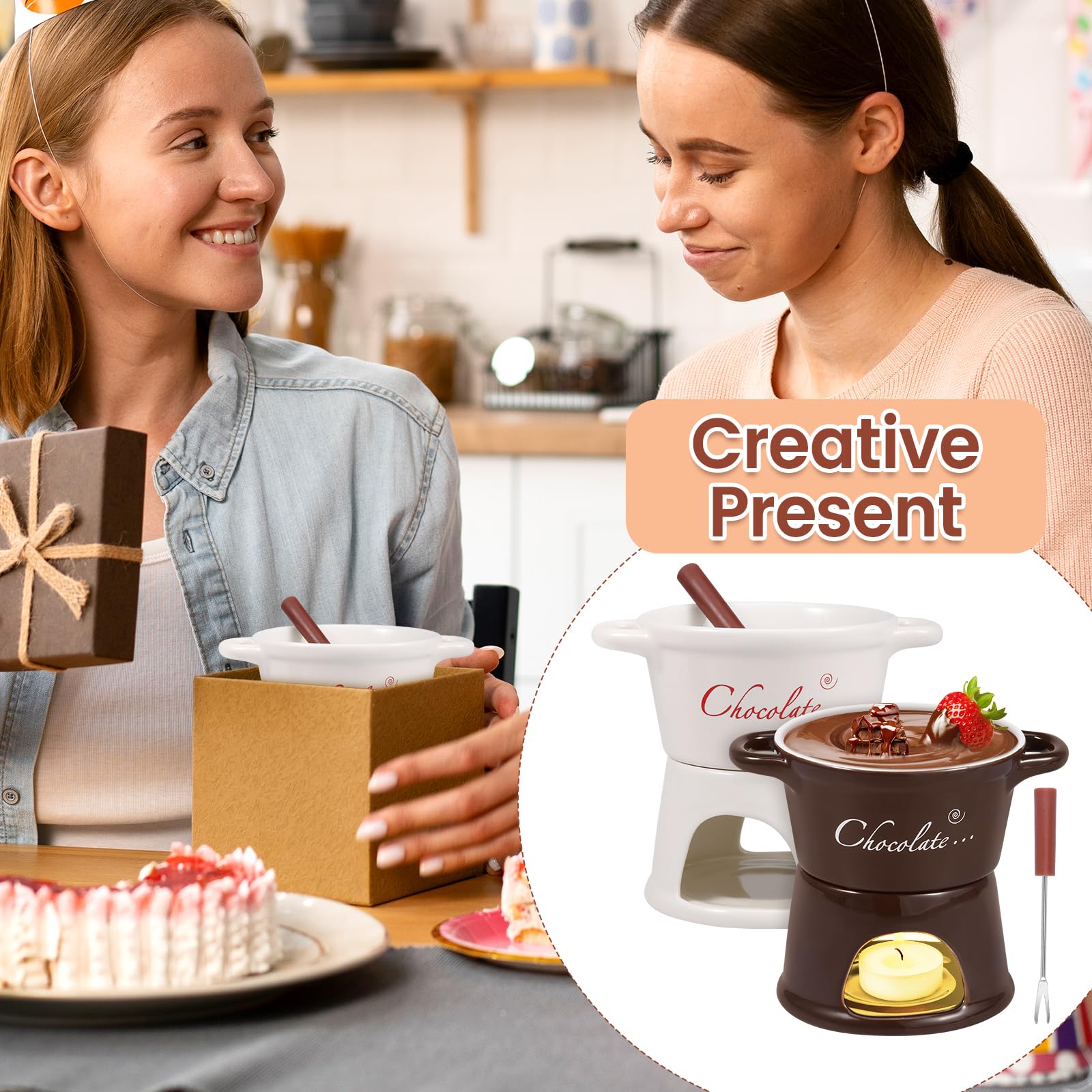 2 Pièces Tasse à Fondue au Chocolat, 300ml Services à Fondue au Chocolat avec Fourchettes- Mug Fondue au Chocolat en Céramique - Tasse Chauffante pour Chocolat et Fromage Bonbons Cadeaux
