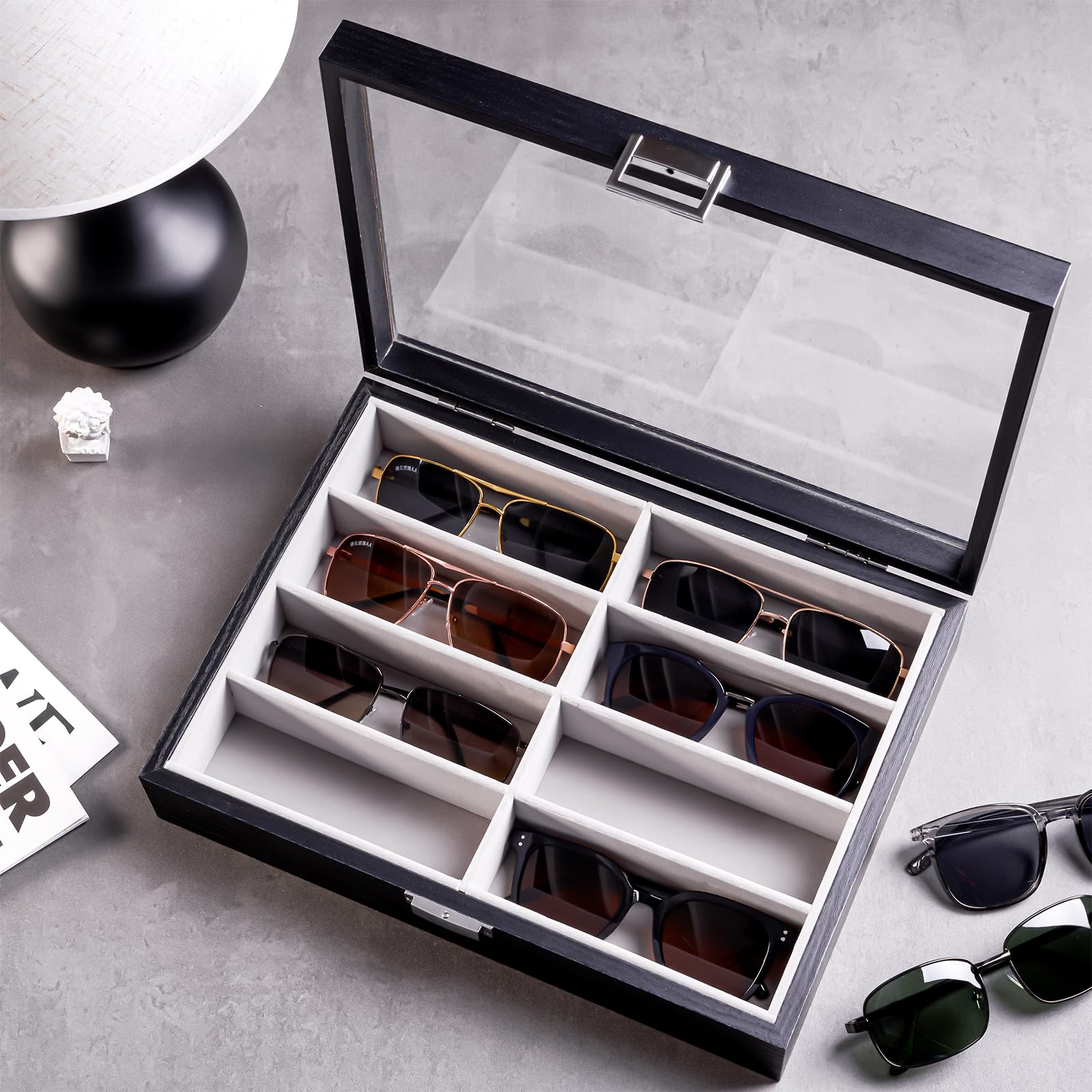 CO-Z Kunstlederen zonnebrillen opbergdoos voor dames en heren, 12 sleuven zonnebril organizer, brillen eyewear doosmet slot