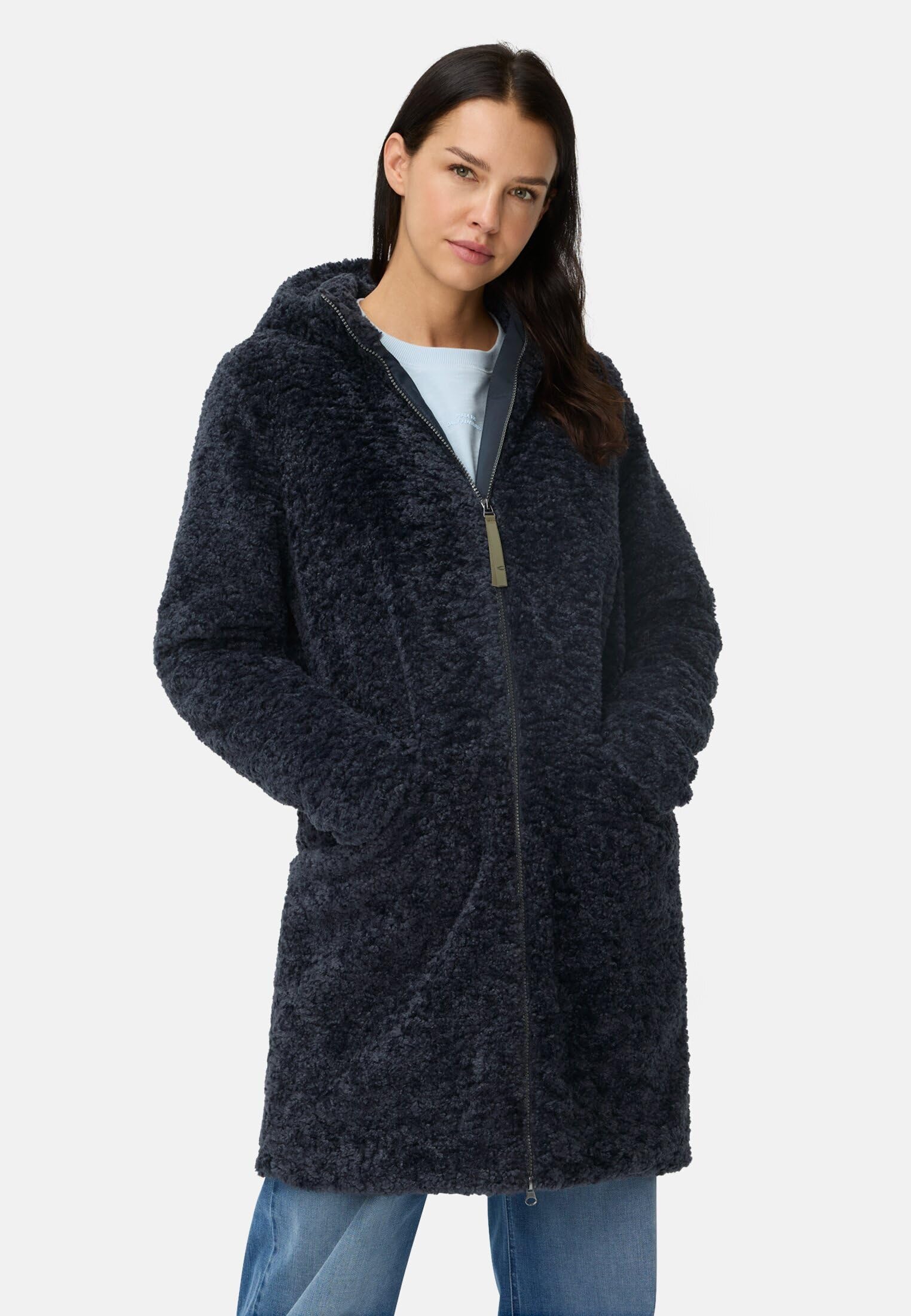 camel active Damen Teddyfell Mantel lang mit Frontzipper & Kapuze